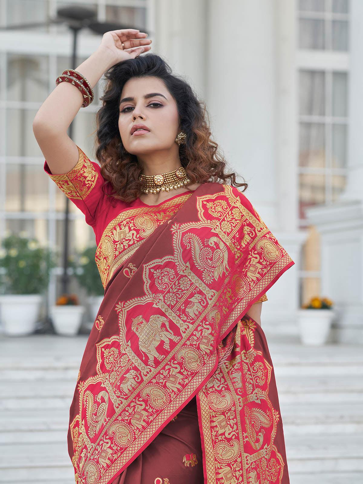 Women's Gorgeous Woven Brown Banarasi Silk Saree - Odette
