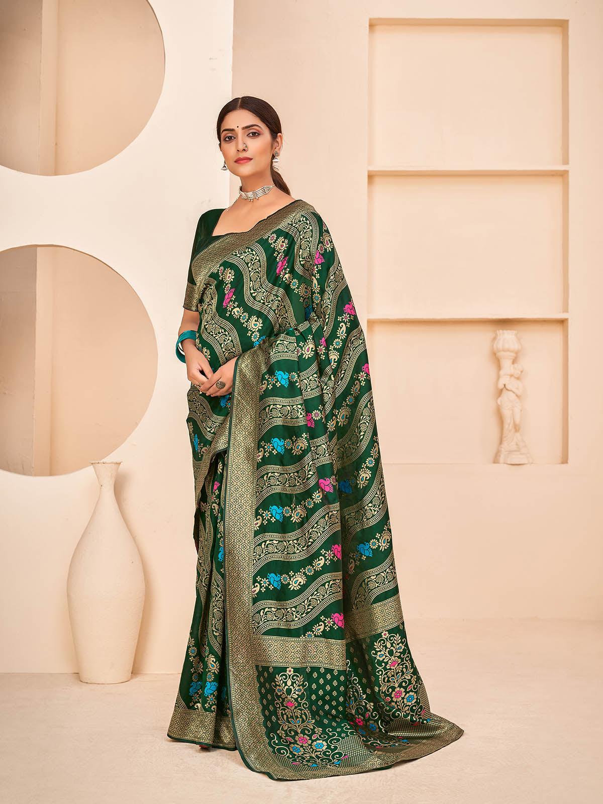 Women's Gorgeous Woven Dark Green Banarasi Silk Saree - Odette