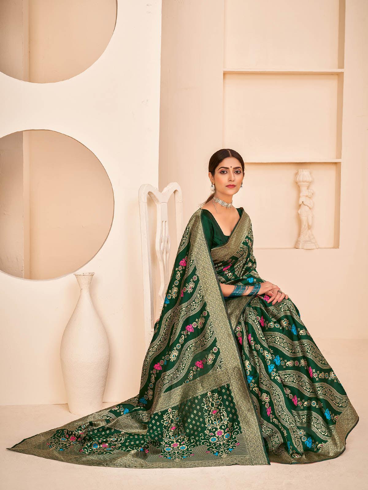 Women's Gorgeous Woven Dark Green Banarasi Silk Saree - Odette