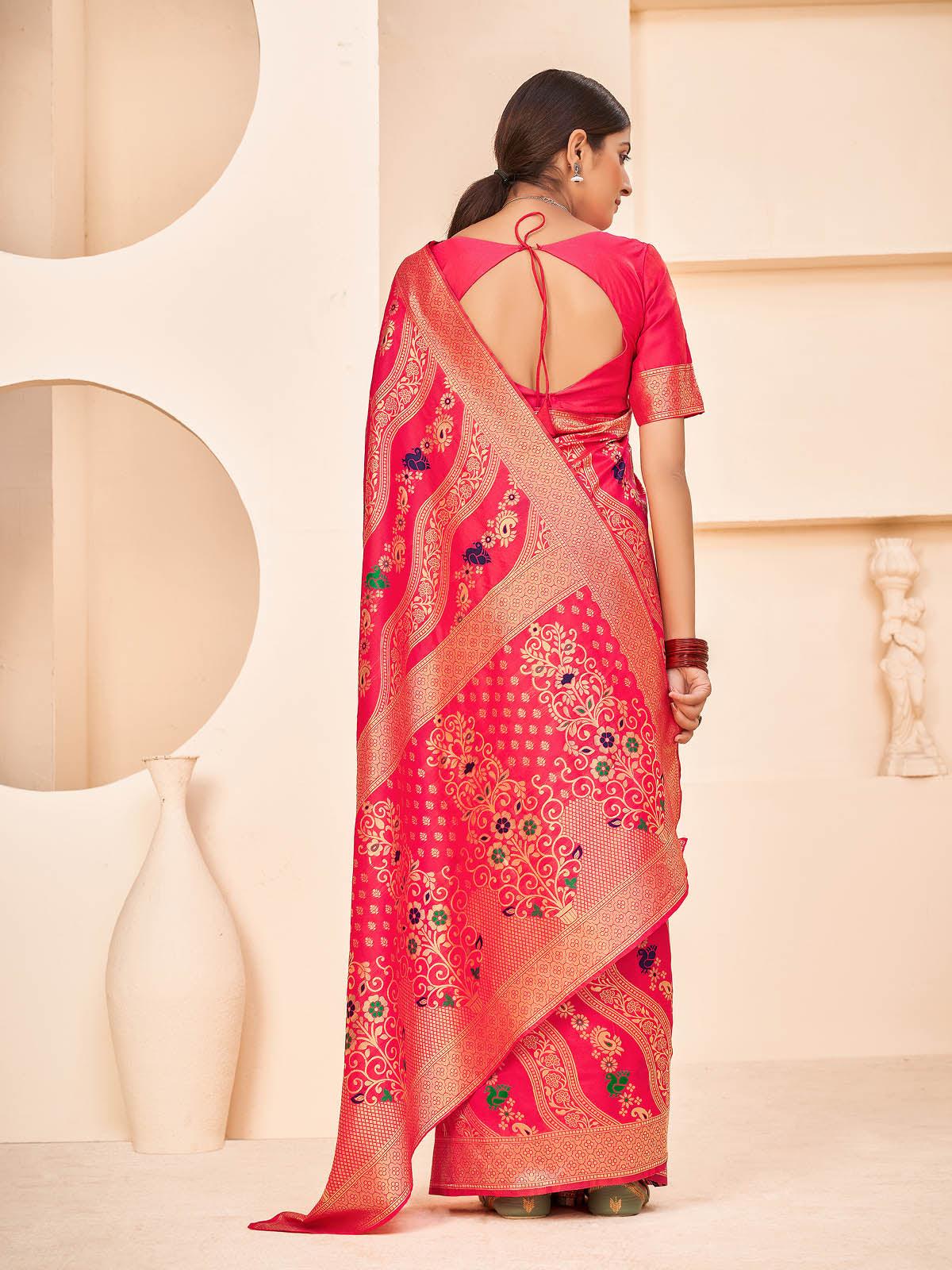 Women's Gorgeous Woven Deep Pink Banarasi Silk Saree - Odette