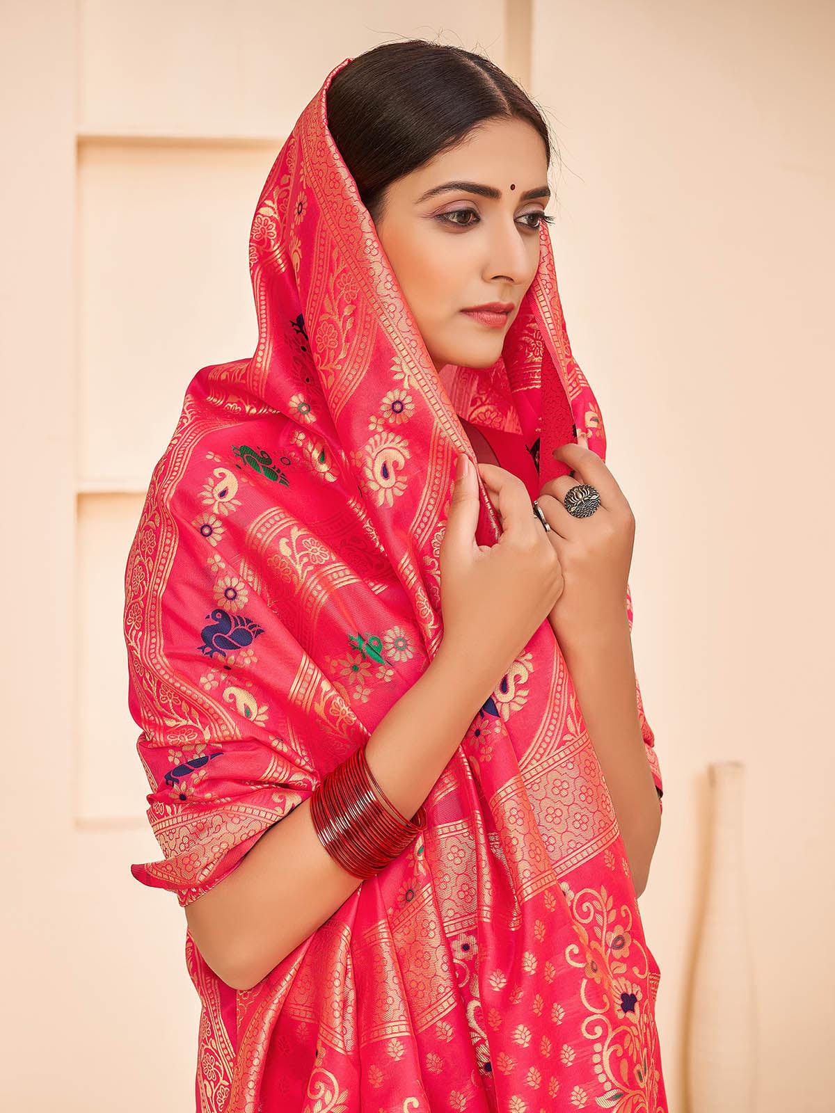 Women's Gorgeous Woven Deep Pink Banarasi Silk Saree - Odette
