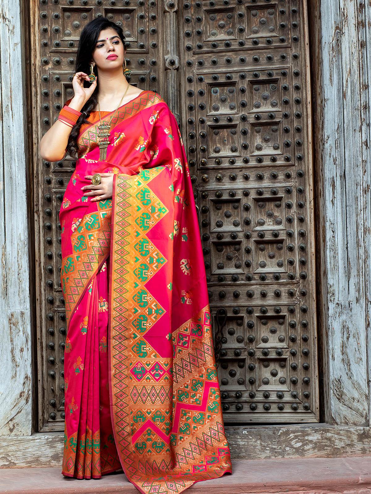 Women's Gorgeous Woven Deep Pink Patola Silk Saree - Odette