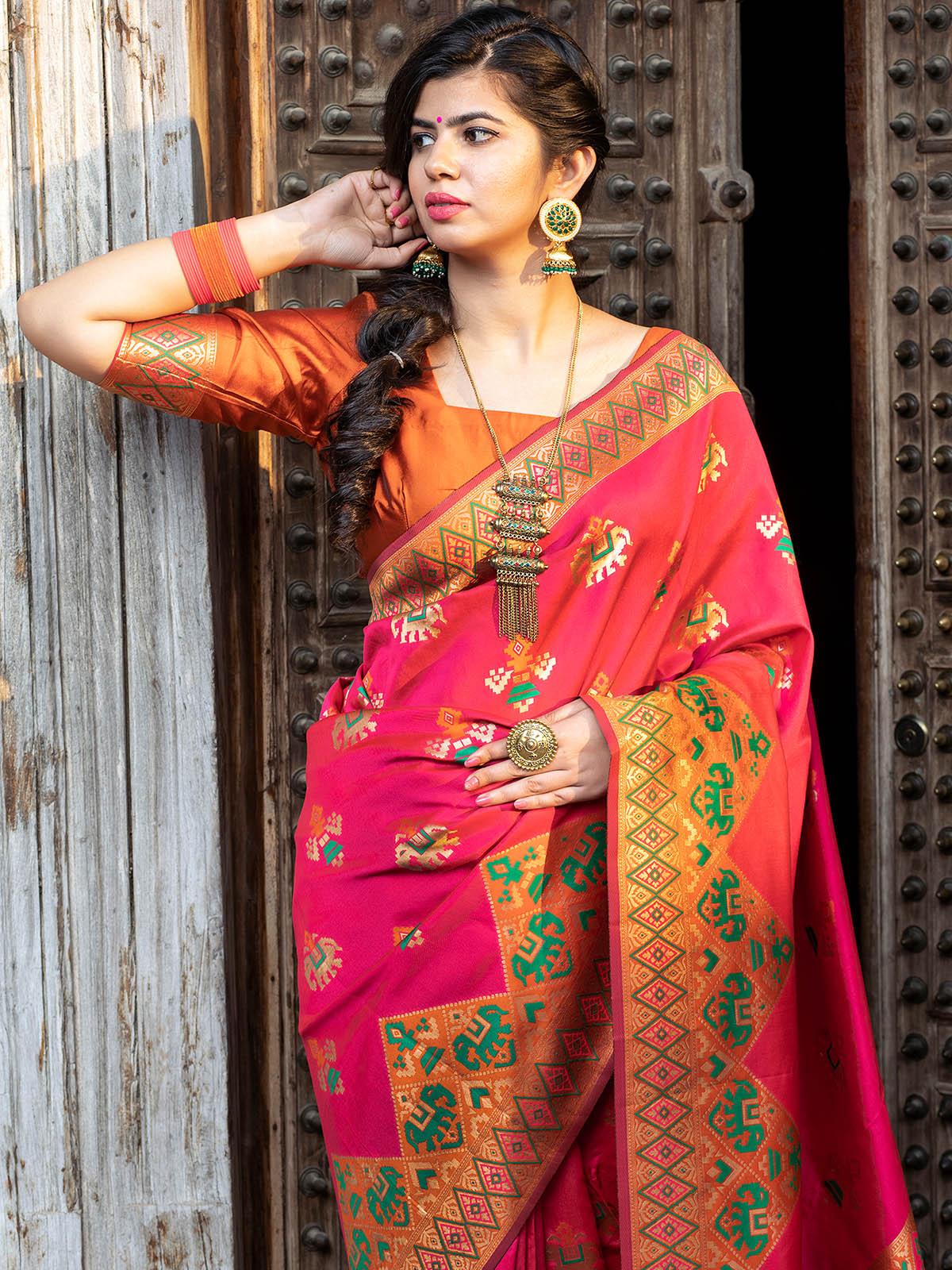 Women's Gorgeous Woven Deep Pink Patola Silk Saree - Odette