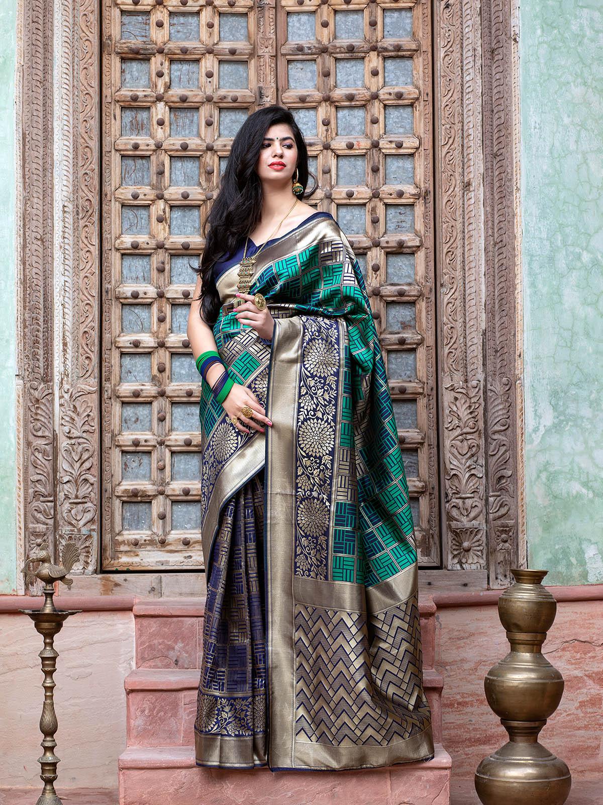 Women's Gorgeous Woven Green Banarasi Silk Saree - Odette