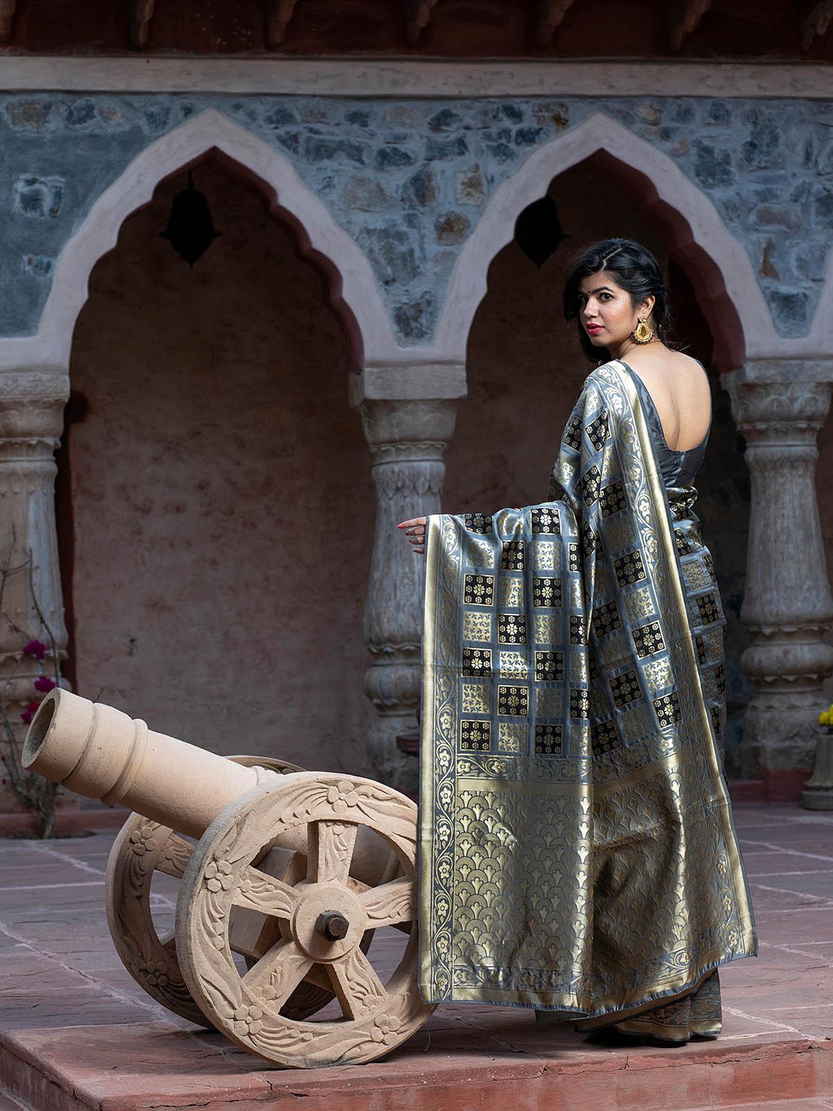 Women's Gorgeous Woven Grey Banarasi Silk Saree - Odette