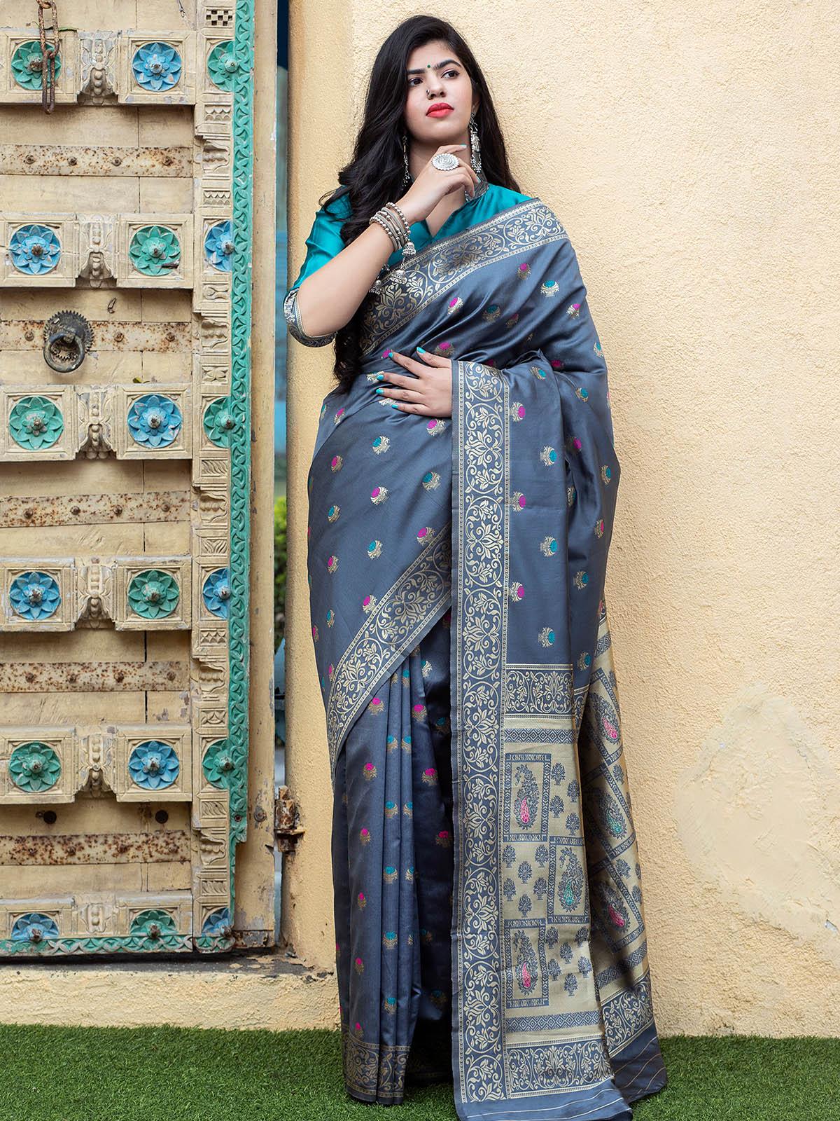 Women's Gorgeous Woven Grey Banarasi Silk Saree - Odette