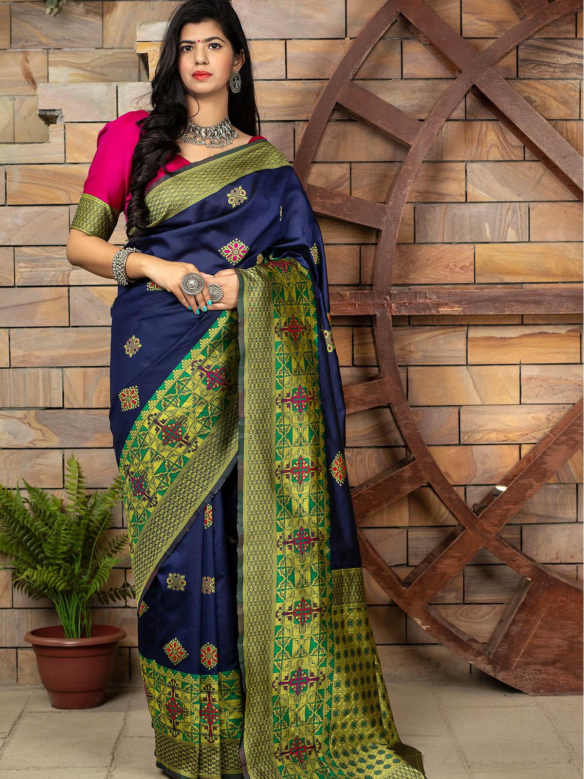 Women's Gorgeous Woven Navy Banarasi Silk Saree - Odette