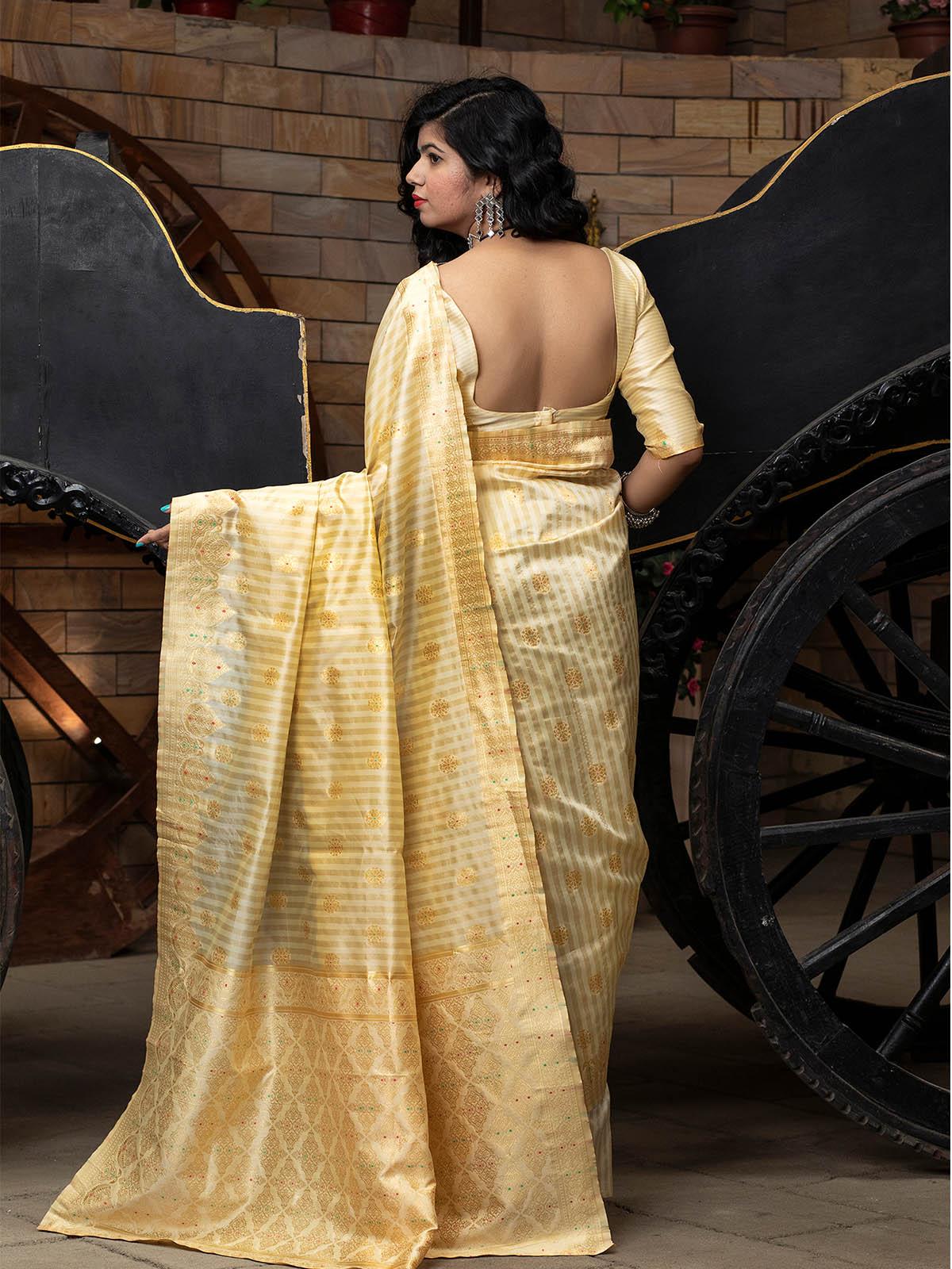 Women's Gorgeous Woven Off-White Banarasi Silk Saree - Odette