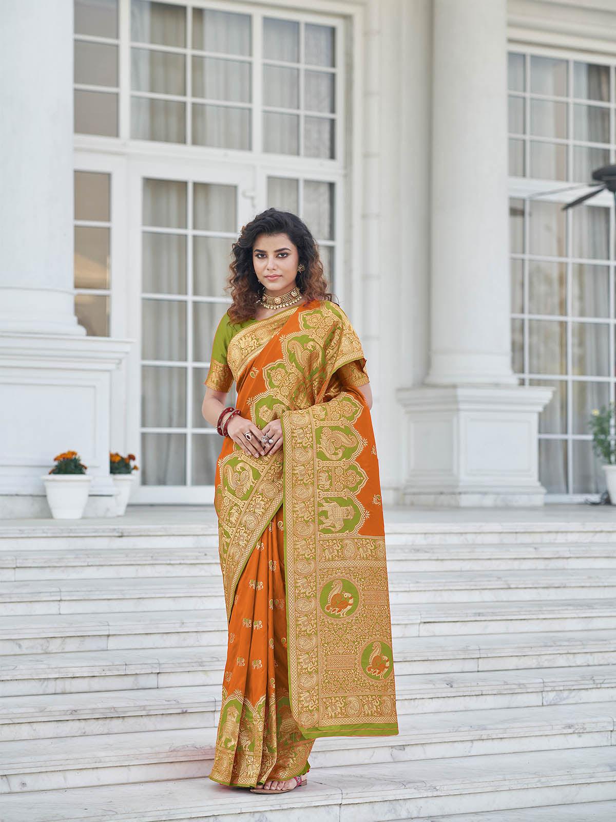 Women's Gorgeous Woven Orange Banarasi Silk Saree - Odette