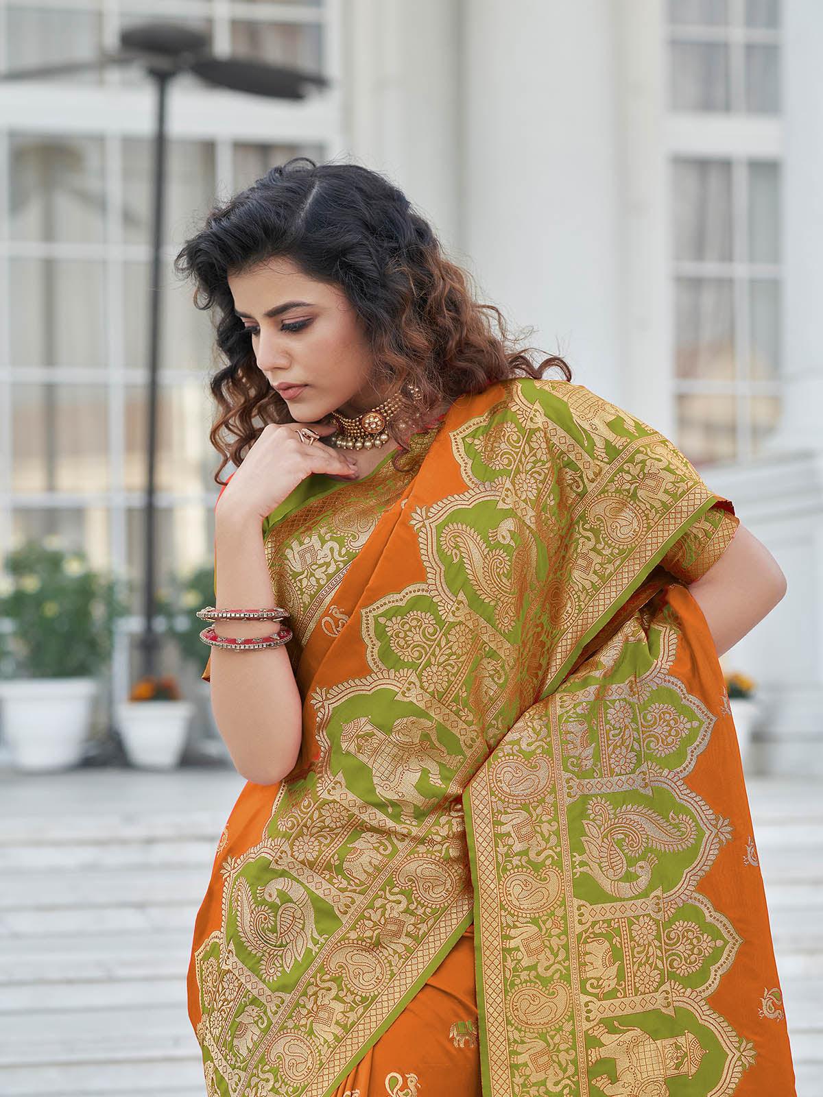 Women's Gorgeous Woven Orange Banarasi Silk Saree - Odette