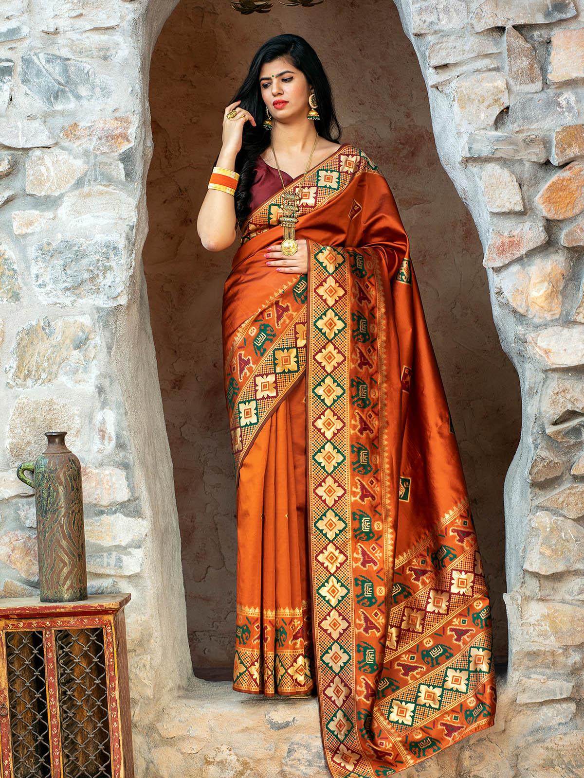 Women's Gorgeous Woven Orange Patola Silk Saree - Odette