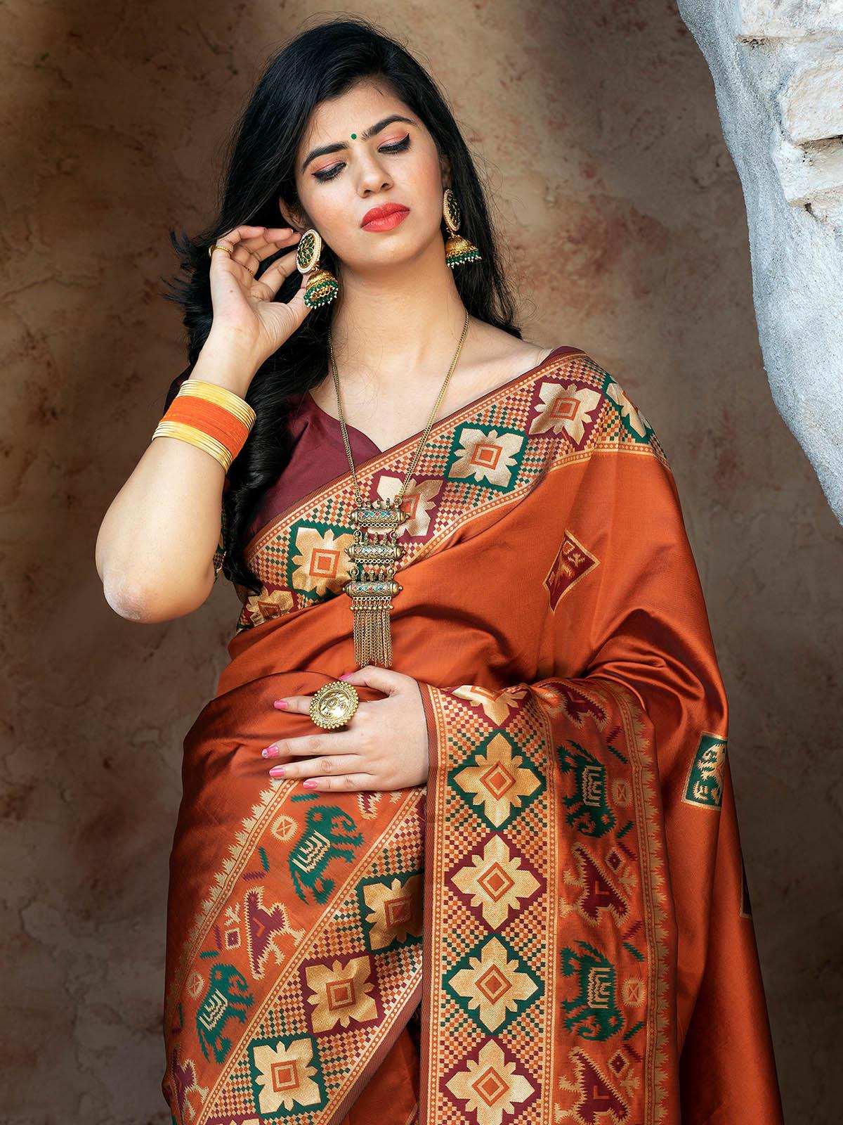 Women's Gorgeous Woven Orange Patola Silk Saree - Odette