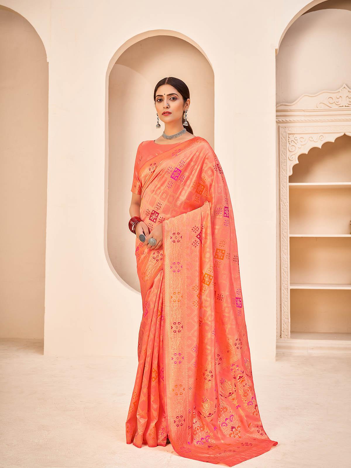 Women's Gorgeous Woven Peach Banarasi Silk Saree - Odette