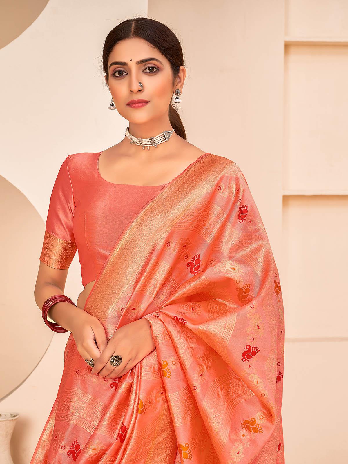 Women's Gorgeous Woven Peach Banarasi Silk Saree - Odette
