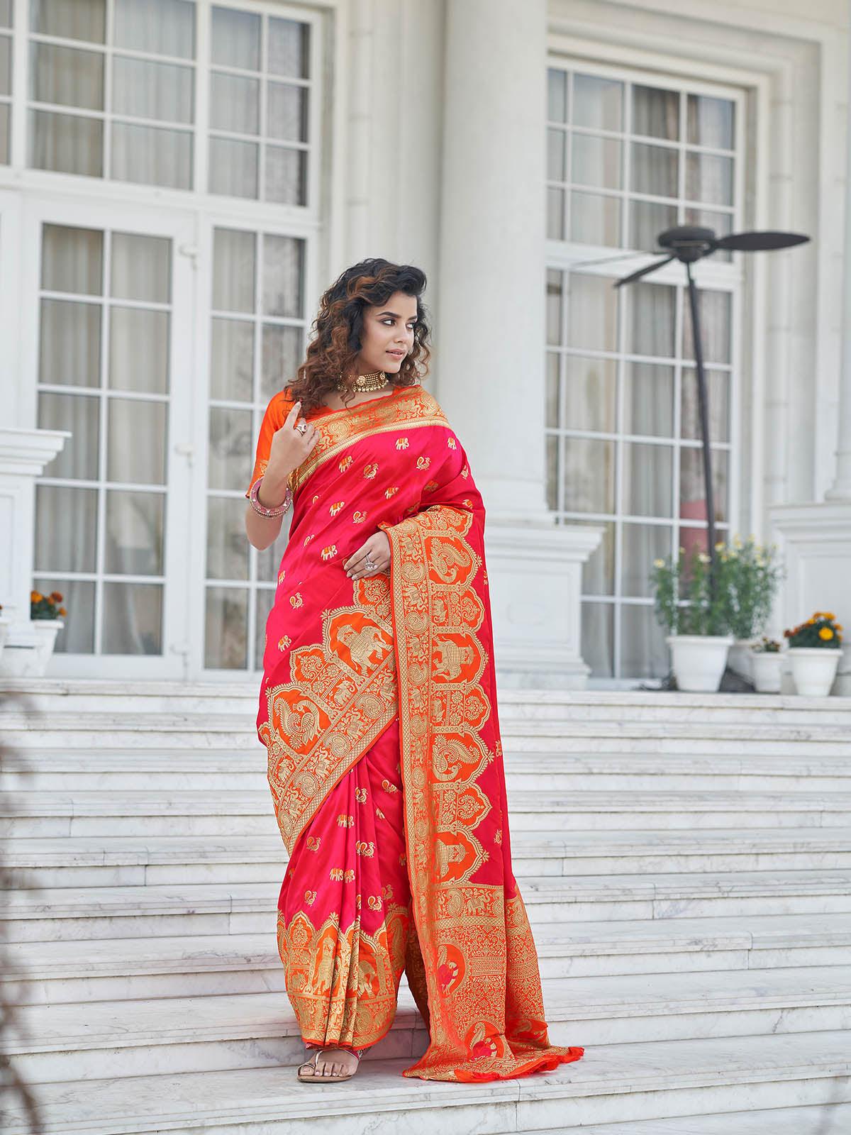 Women's Gorgeous Woven Pink Banarasi Silk Saree - Odette