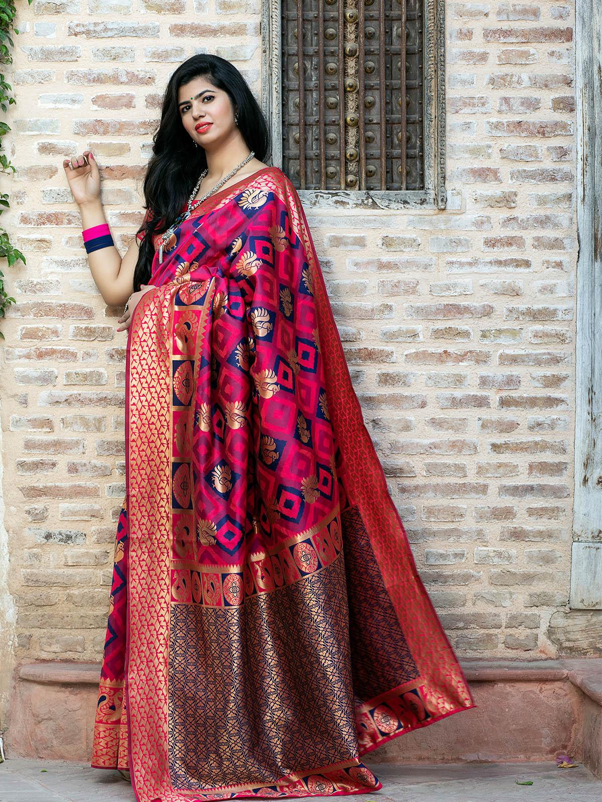Women's Gorgeous Woven Pink Banarasi Silk Saree - Odette