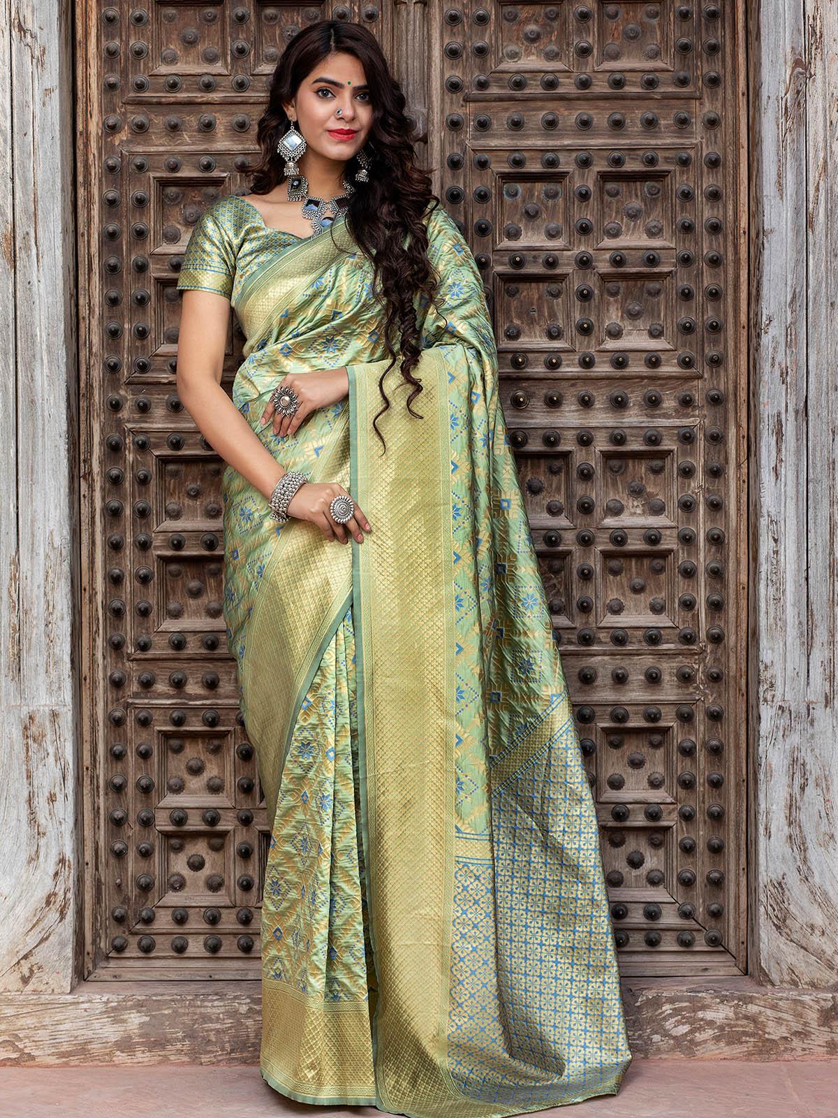 Women's Gorgeous Woven Pista Banarasi Silk Saree - Odette