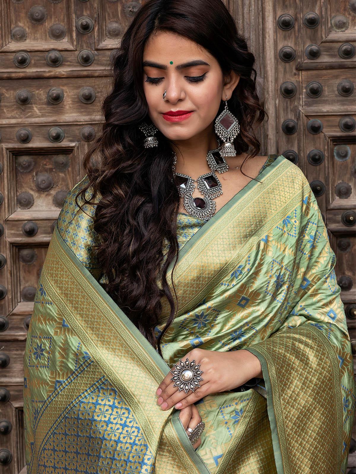 Women's Gorgeous Woven Pista Banarasi Silk Saree - Odette