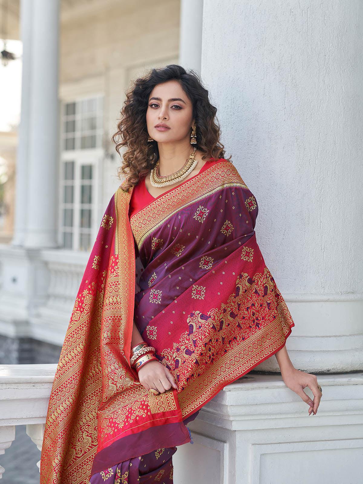 Women's Gorgeous Woven Purple Banarasi Silk Saree - Odette