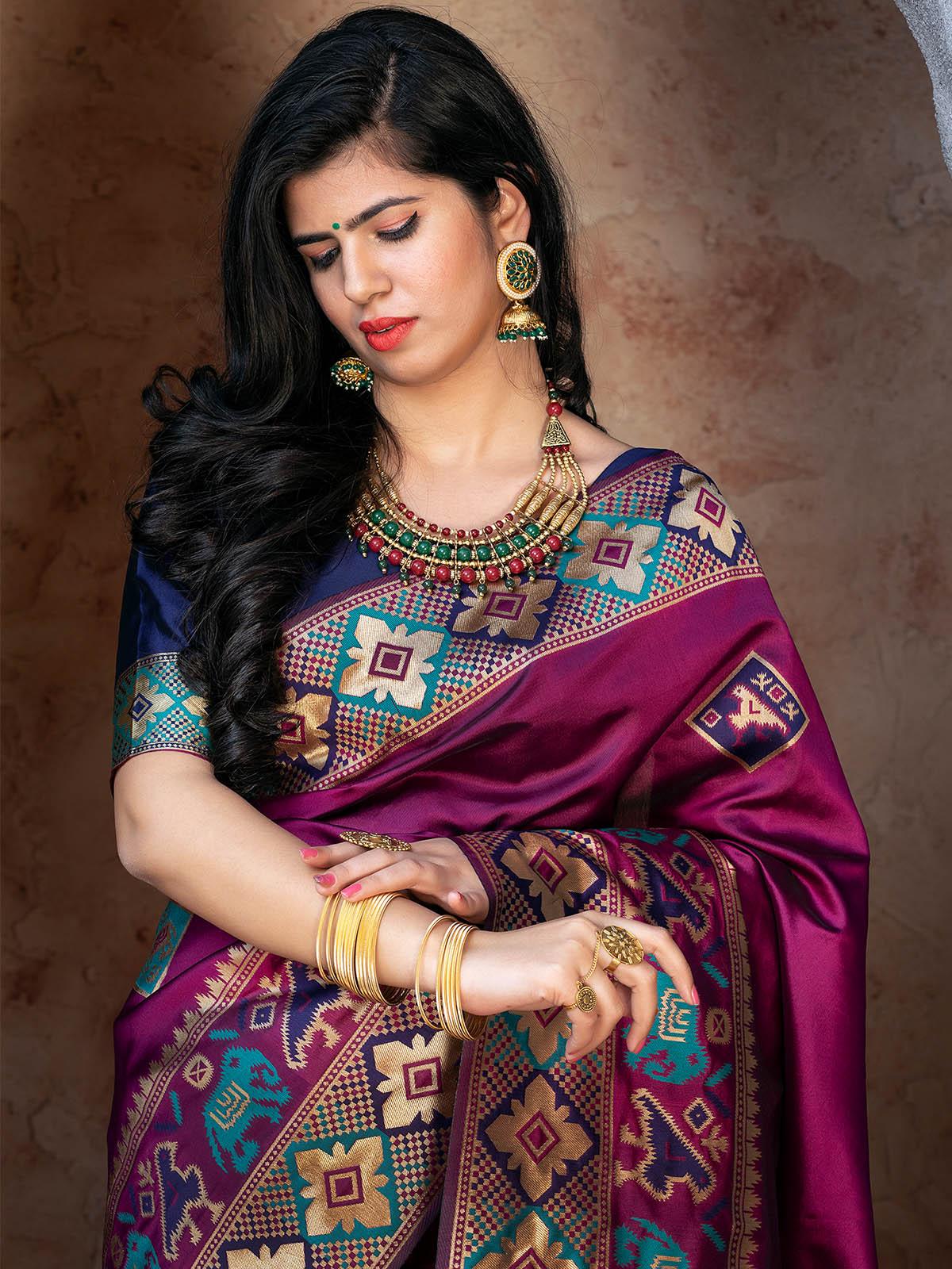 Women's Gorgeous Woven Purple Patola Silk Saree - Odette