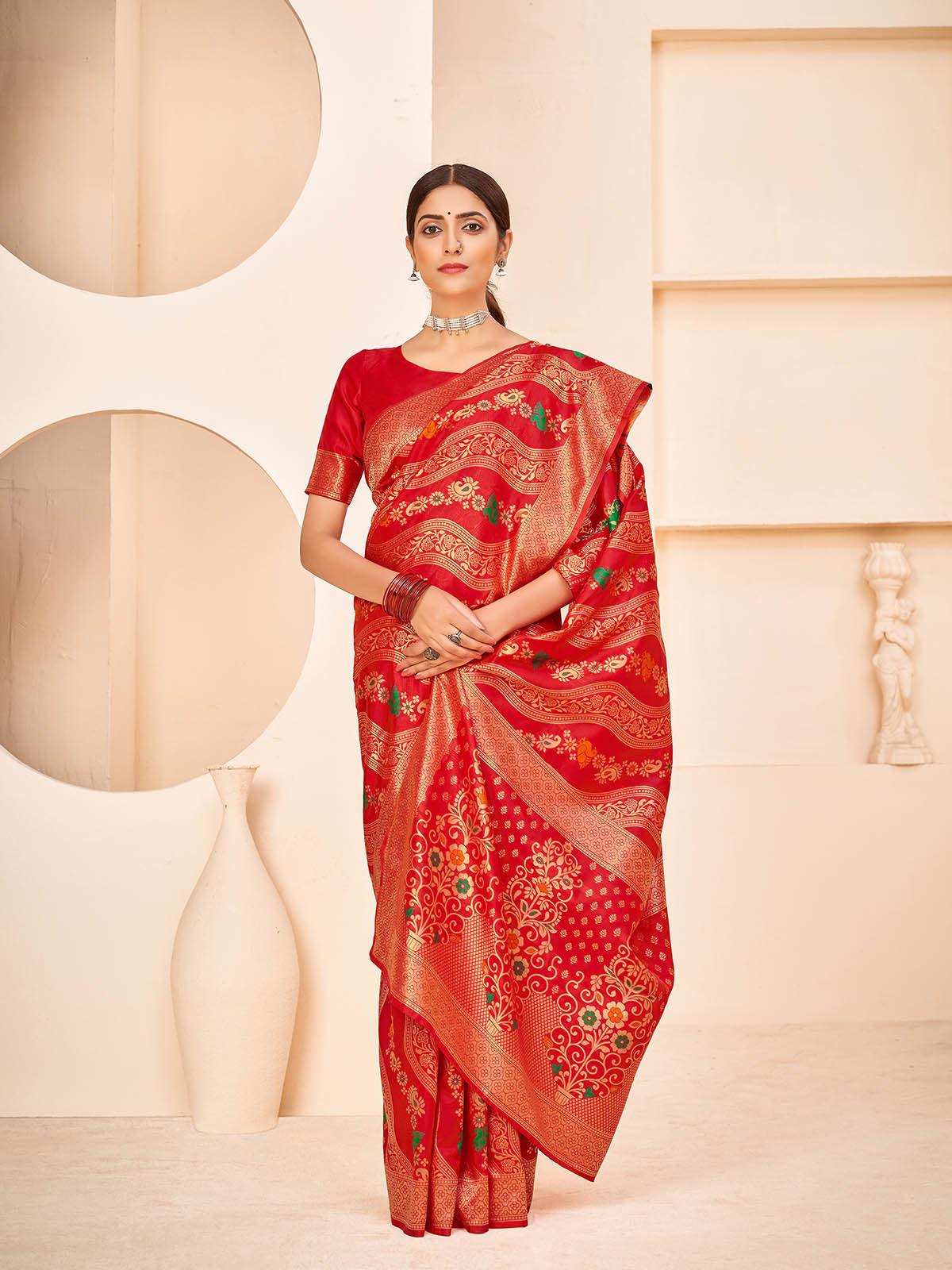 Women's Gorgeous Woven Red Banarasi Silk Saree - Odette
