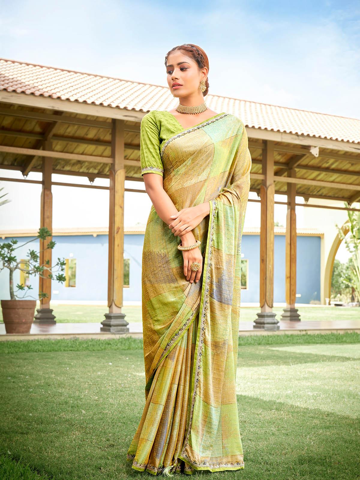 Women's Green Abstract Printed Chiffon Saree - Odette