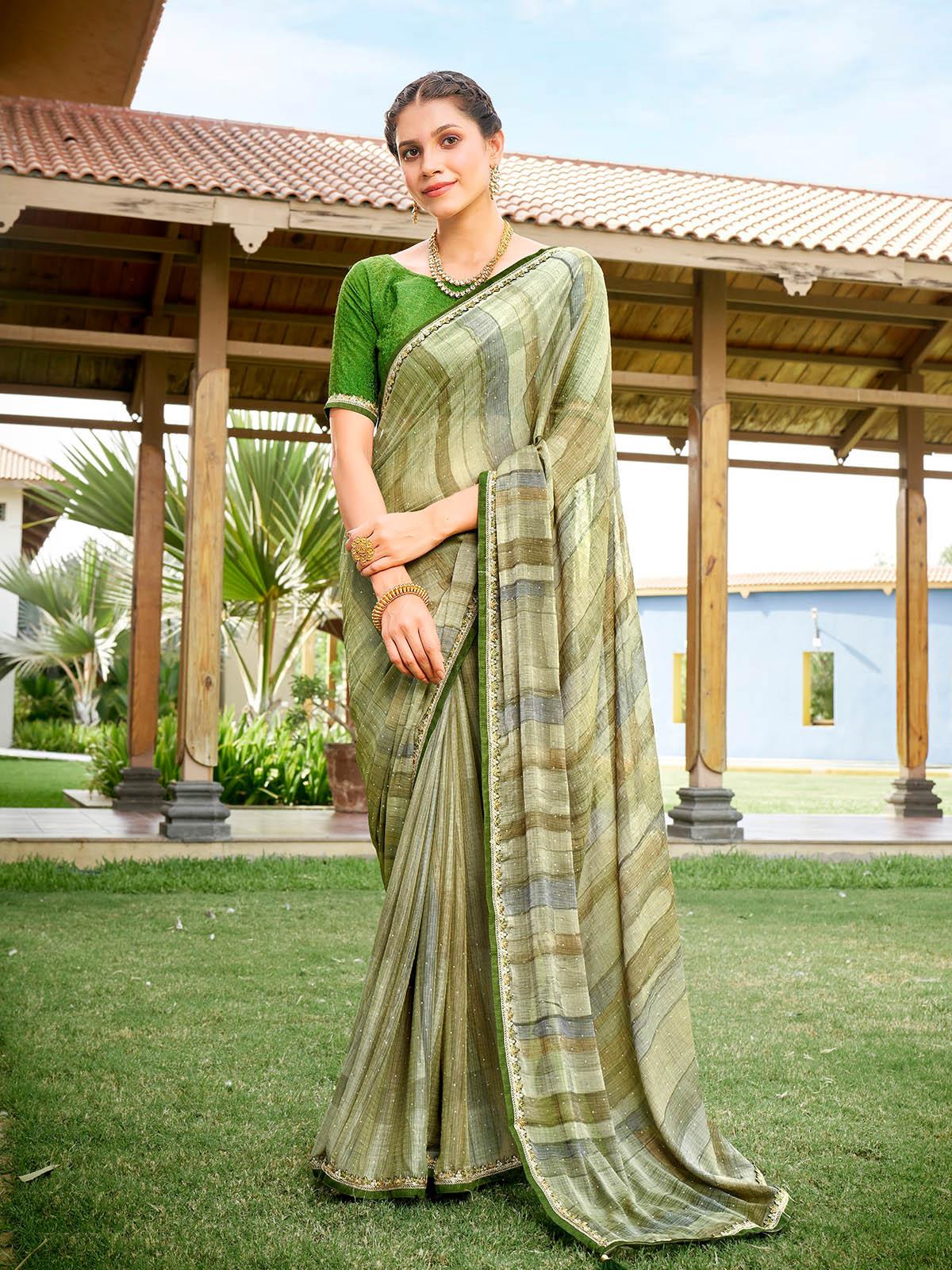 Women's Green Abstract Printed Chiffon Saree - Odette