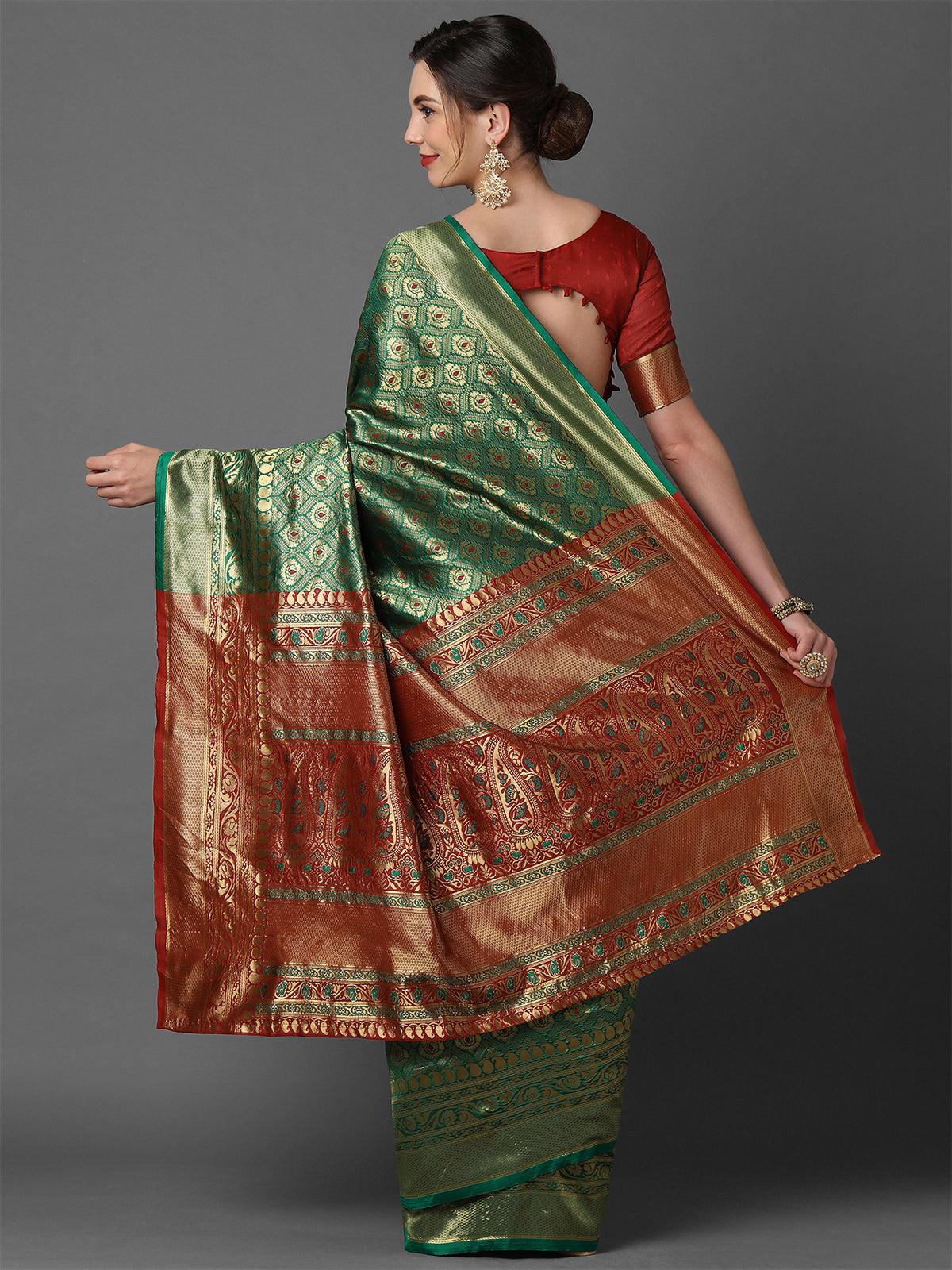 Women's Green & Red Wedding Silk Blend Woven Design Saree With Unstitched Blouse - Odette