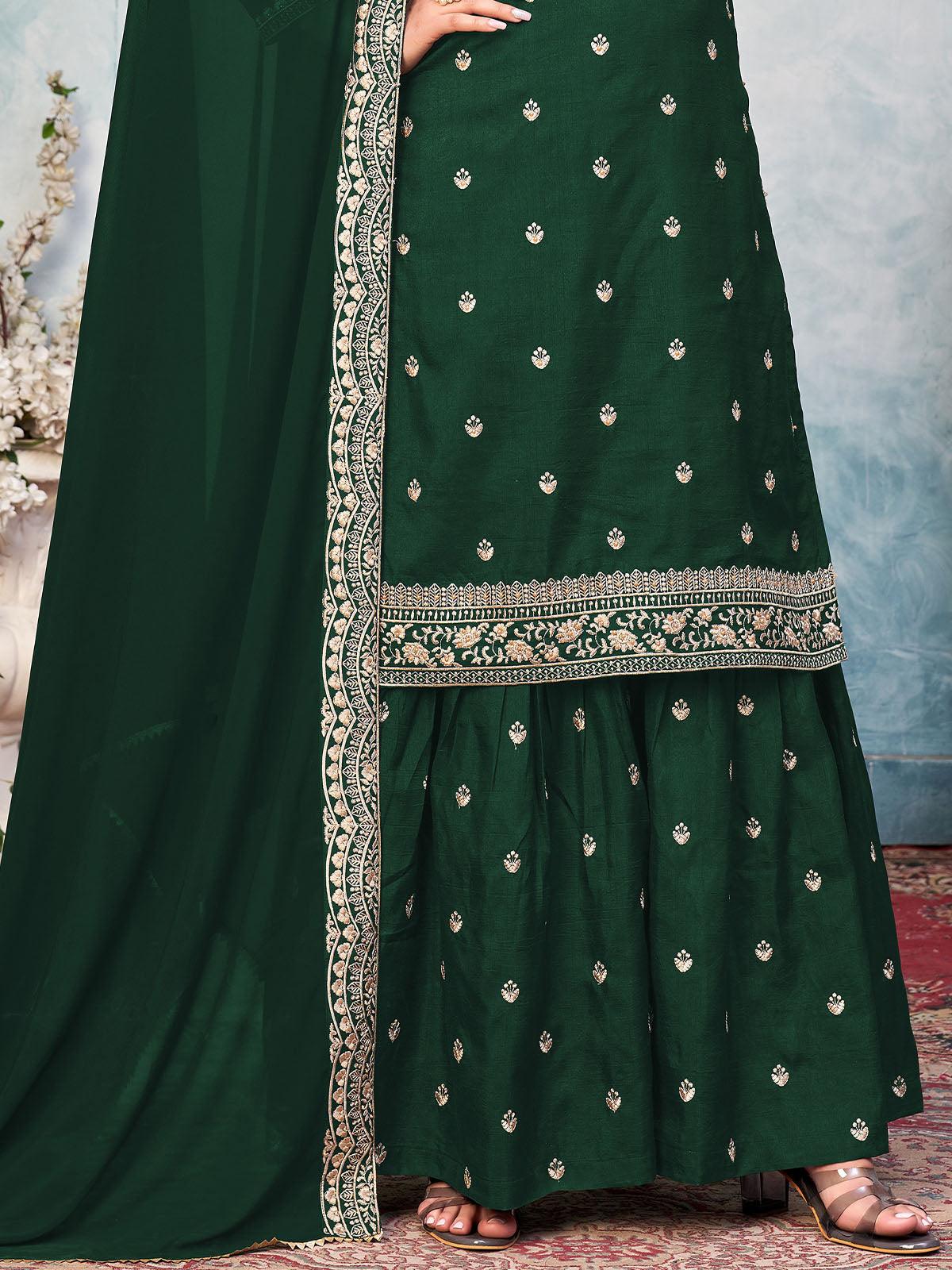 Women's Green Art Silk Heavy Embroidery Moti Kurta Set - Odette