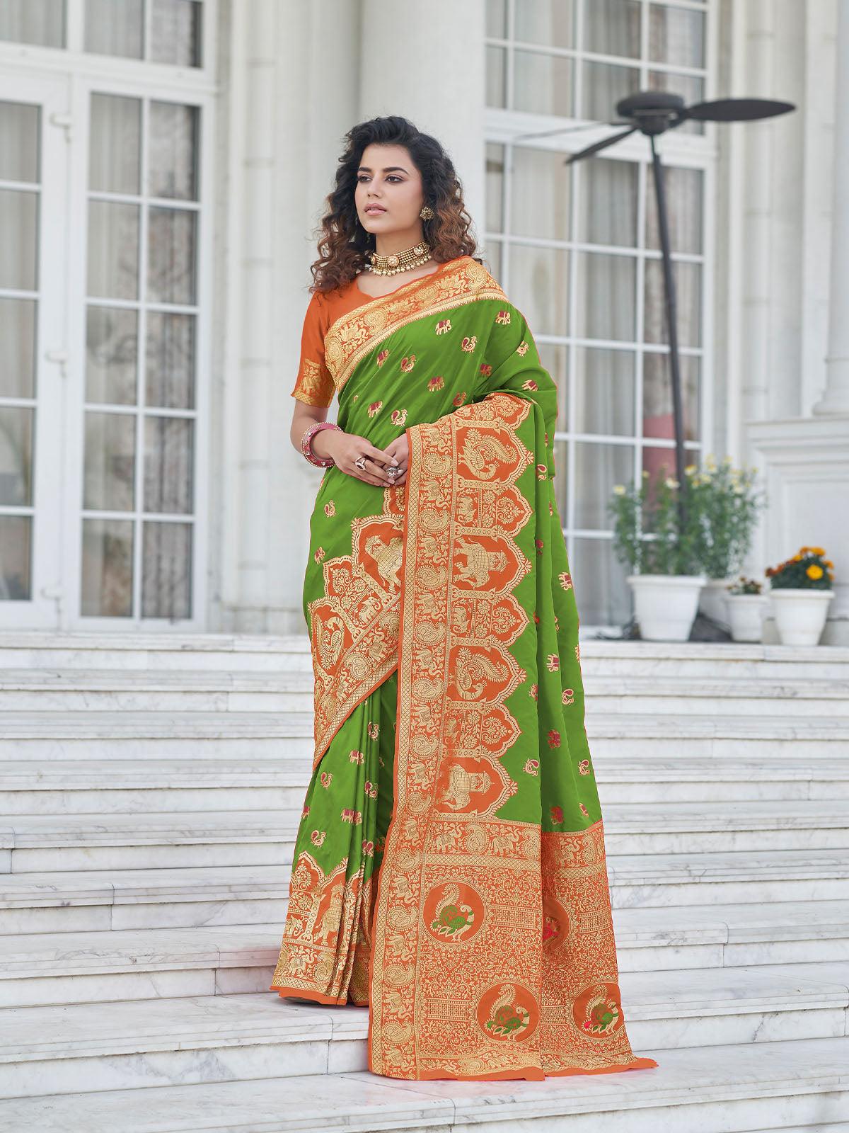 Women's Green Banarasi Silk Heavy Wevon Jari Designer Saree - Odette