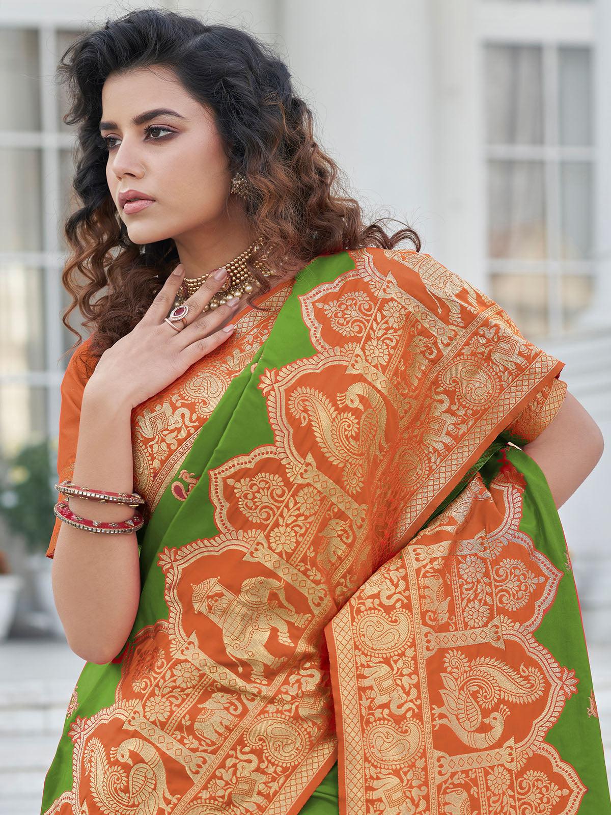 Women's Green Banarasi Silk Heavy Wevon Jari Designer Saree - Odette