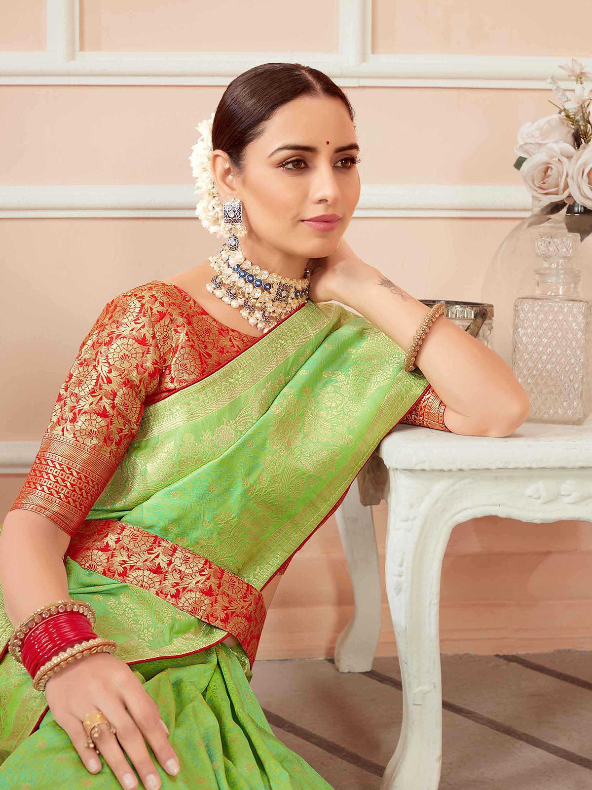 Women's Green Banarasi Silk Wevon Heavy Jari Designer Saree - Odette