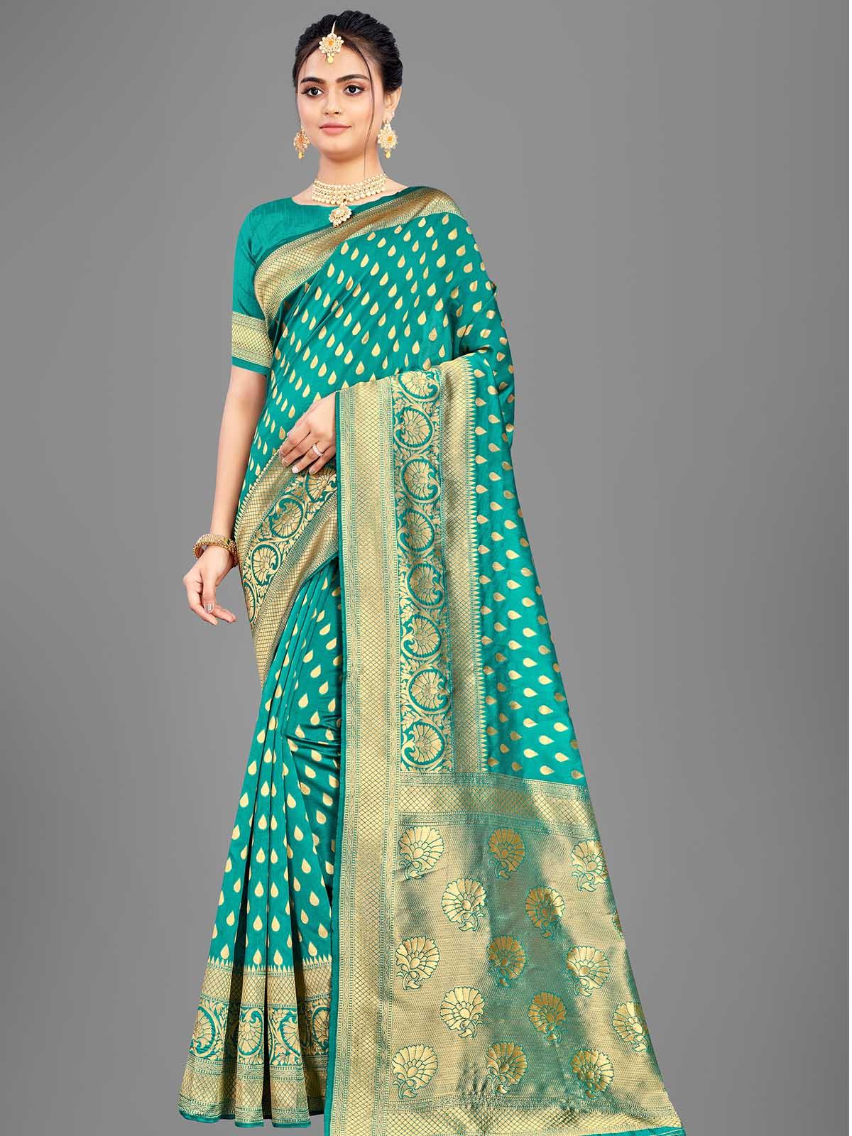 Women's Green Banarasi Silk Woven Design Saree With Blouse - Odette