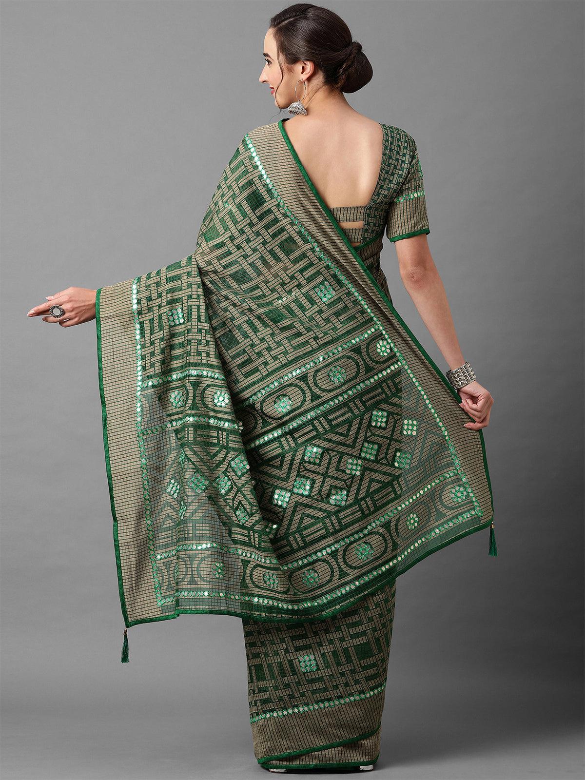 Women's Green Casual Brasso Geomatric Print Saree With Unstitched Blouse - Odette