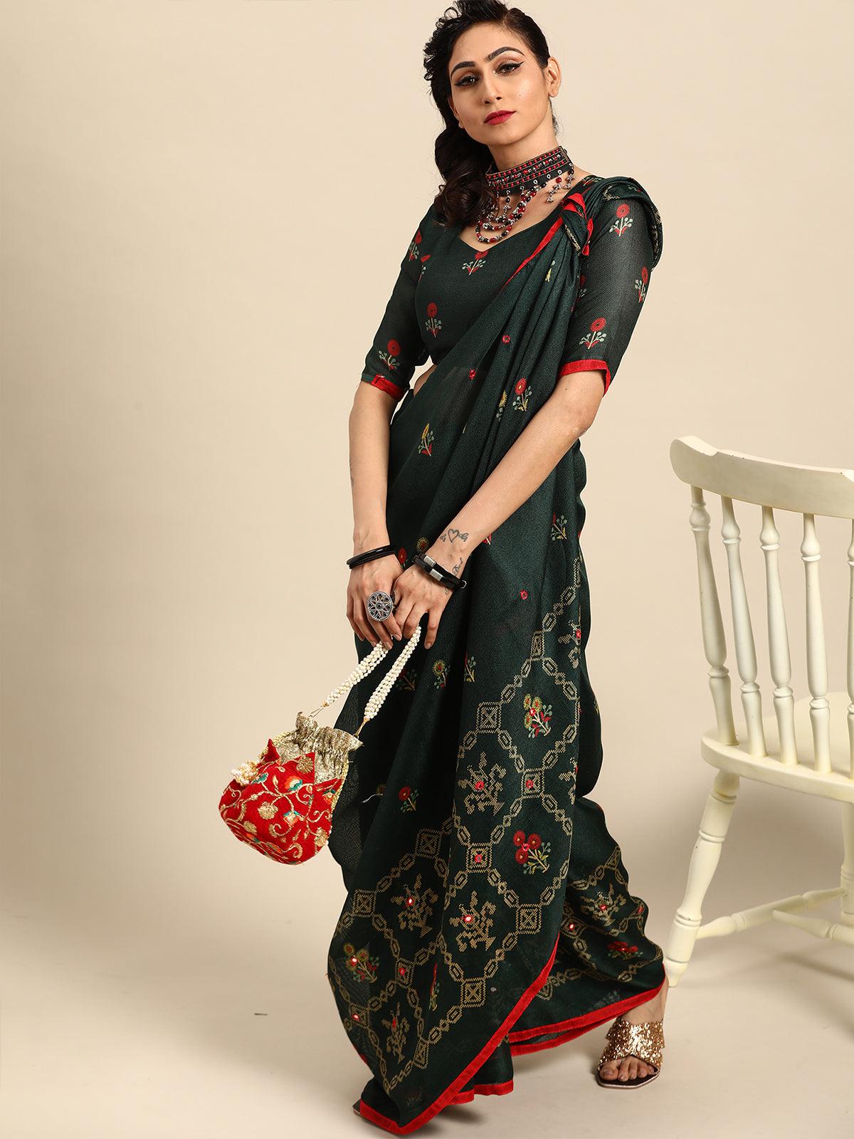 Women's Green Casual Jute Silk Printed Saree With Unstitched Blouse - Odette