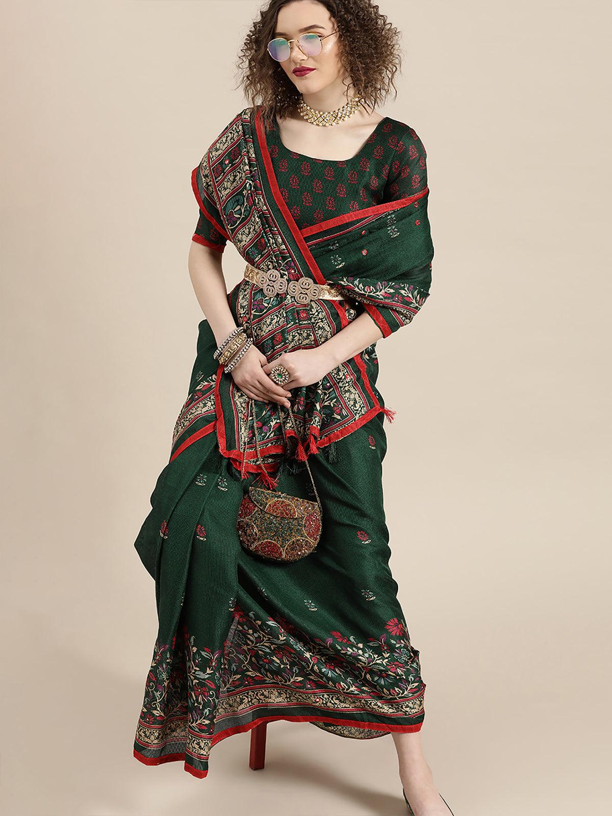 Women's Green Casual Jute Silk Printed Saree With Unstitched Blouse - Odette