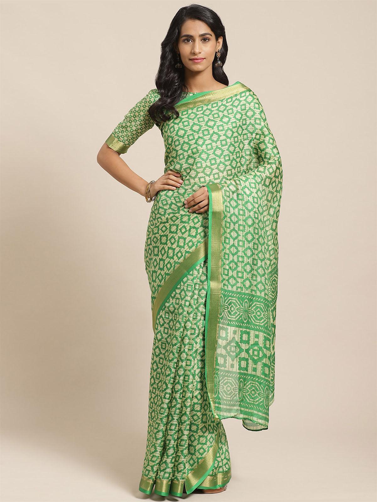 Women's Green Casual Silk Blend Printed Saree With Unstitched Blouse - Odette