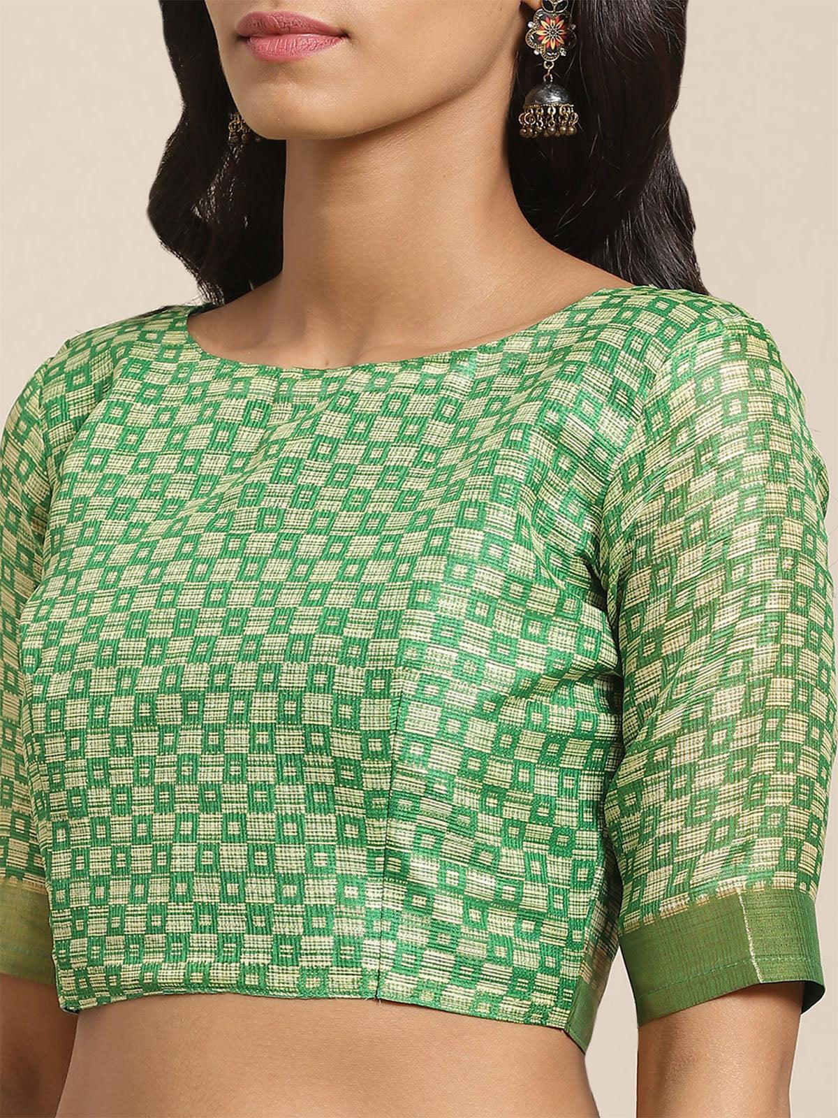 Women's Green Casual Silk Blend Printed Saree With Unstitched Blouse - Odette