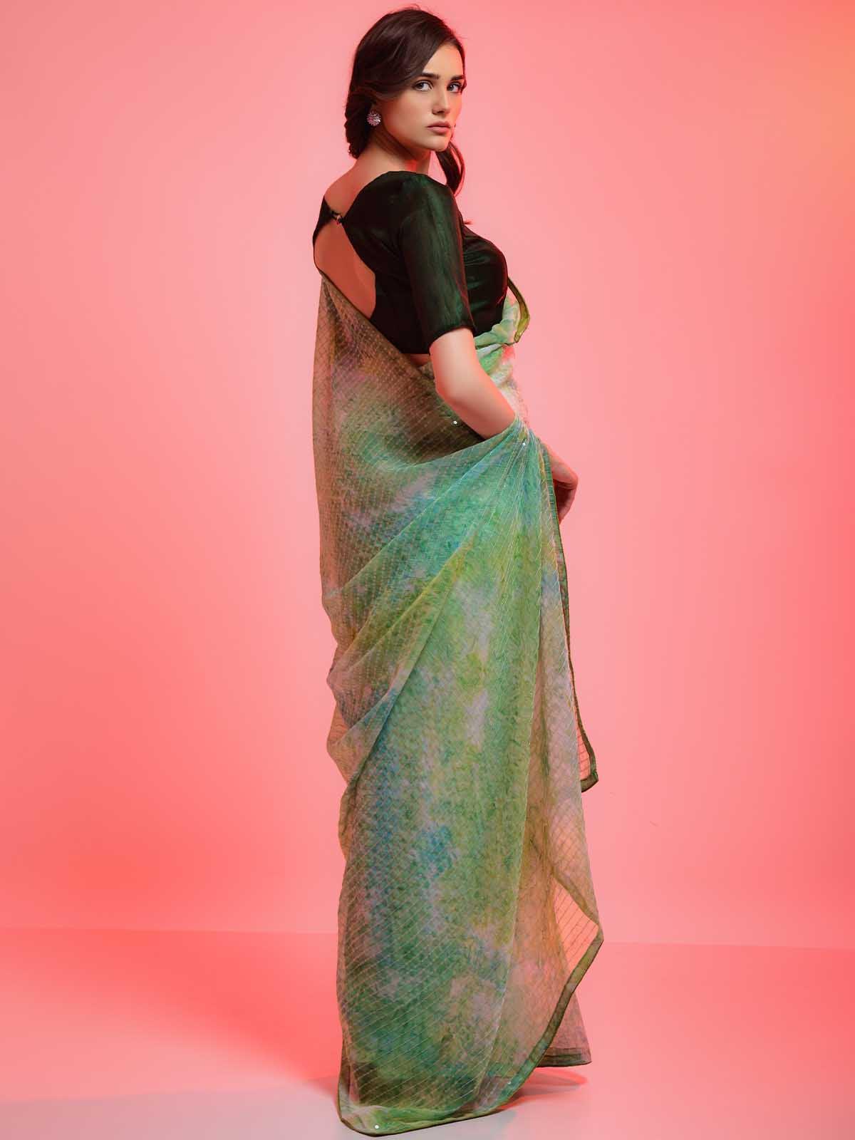 Women's Green Chiffon With Sequence Work Sequence Saree - Odette