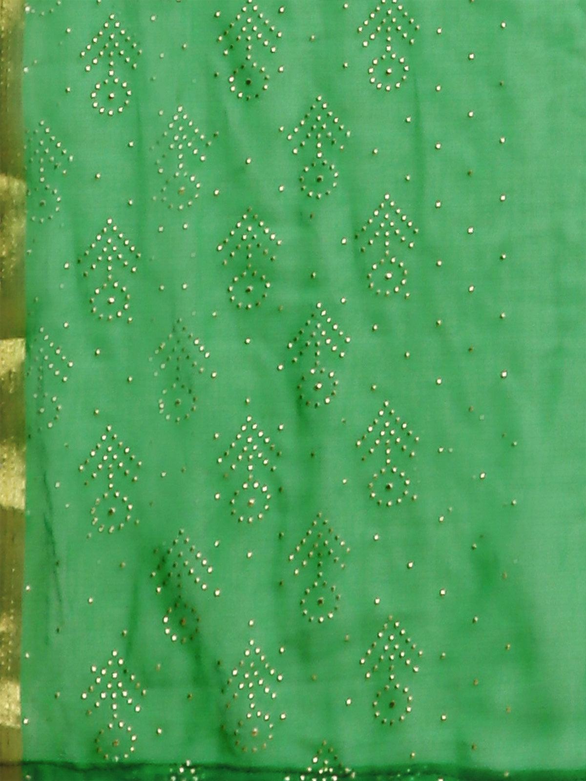 Women's Green Chiffon Woven Border Saree With Unstitched Blouse - Odette