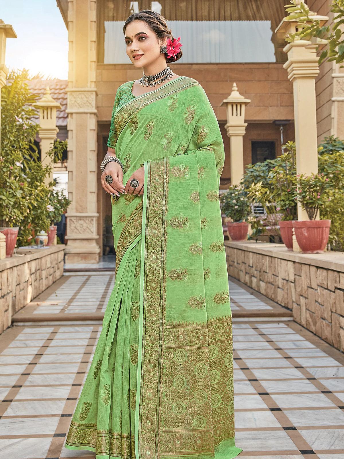 Women's Green Color Cotton Saree Pair With Cotton Blouse - Odette