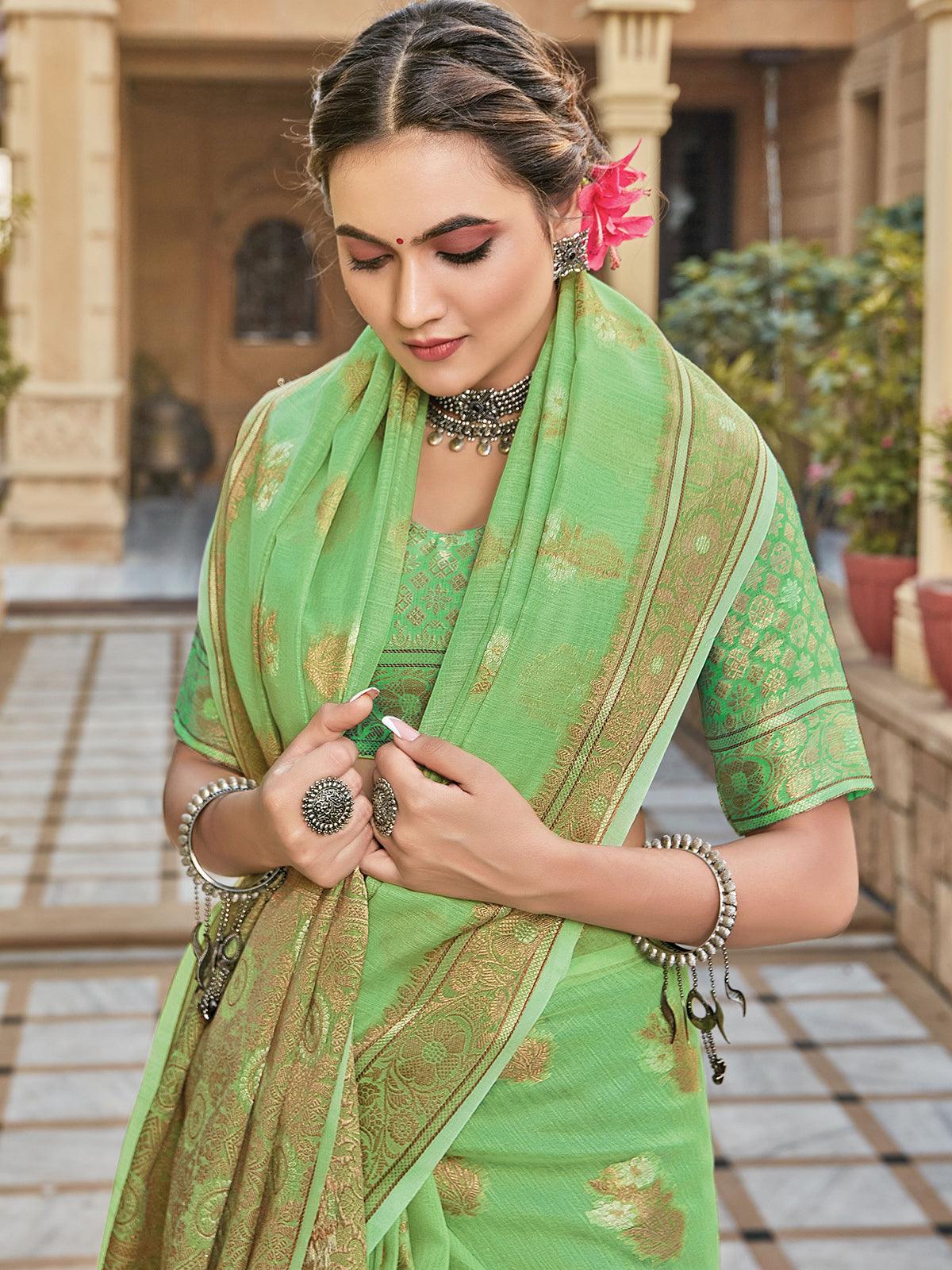 Women's Green Color Cotton Saree Pair With Cotton Blouse - Odette