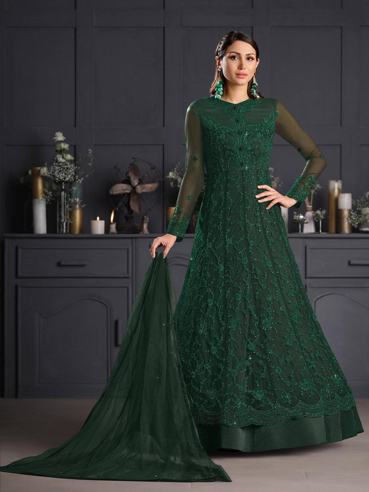 Women's Green Color Net Base Designer Suit - Odette