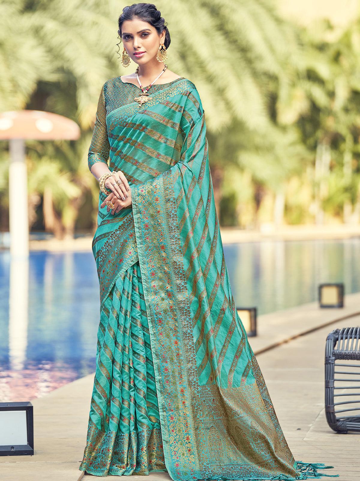 Women's Green Color Organza Saree With Blouse - Odette