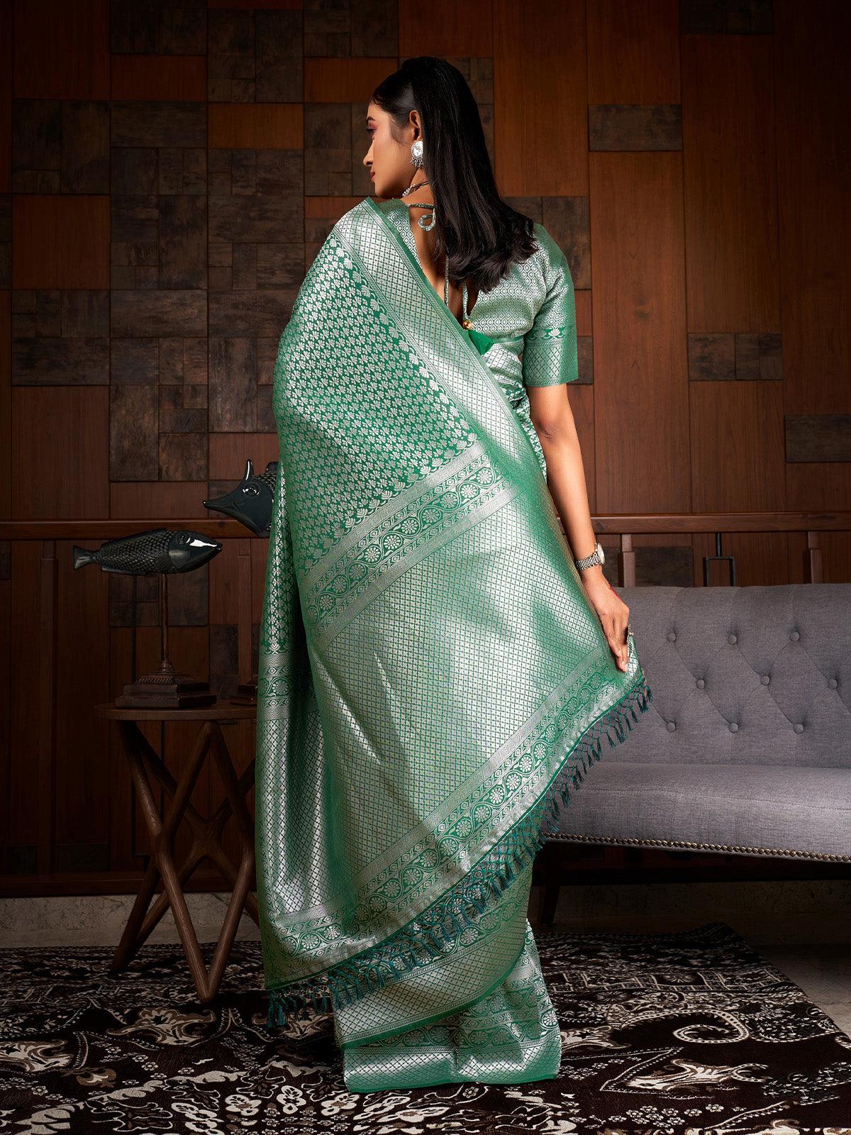 Women's Green Color Traditional Wear Raw Silk Saree - Odette