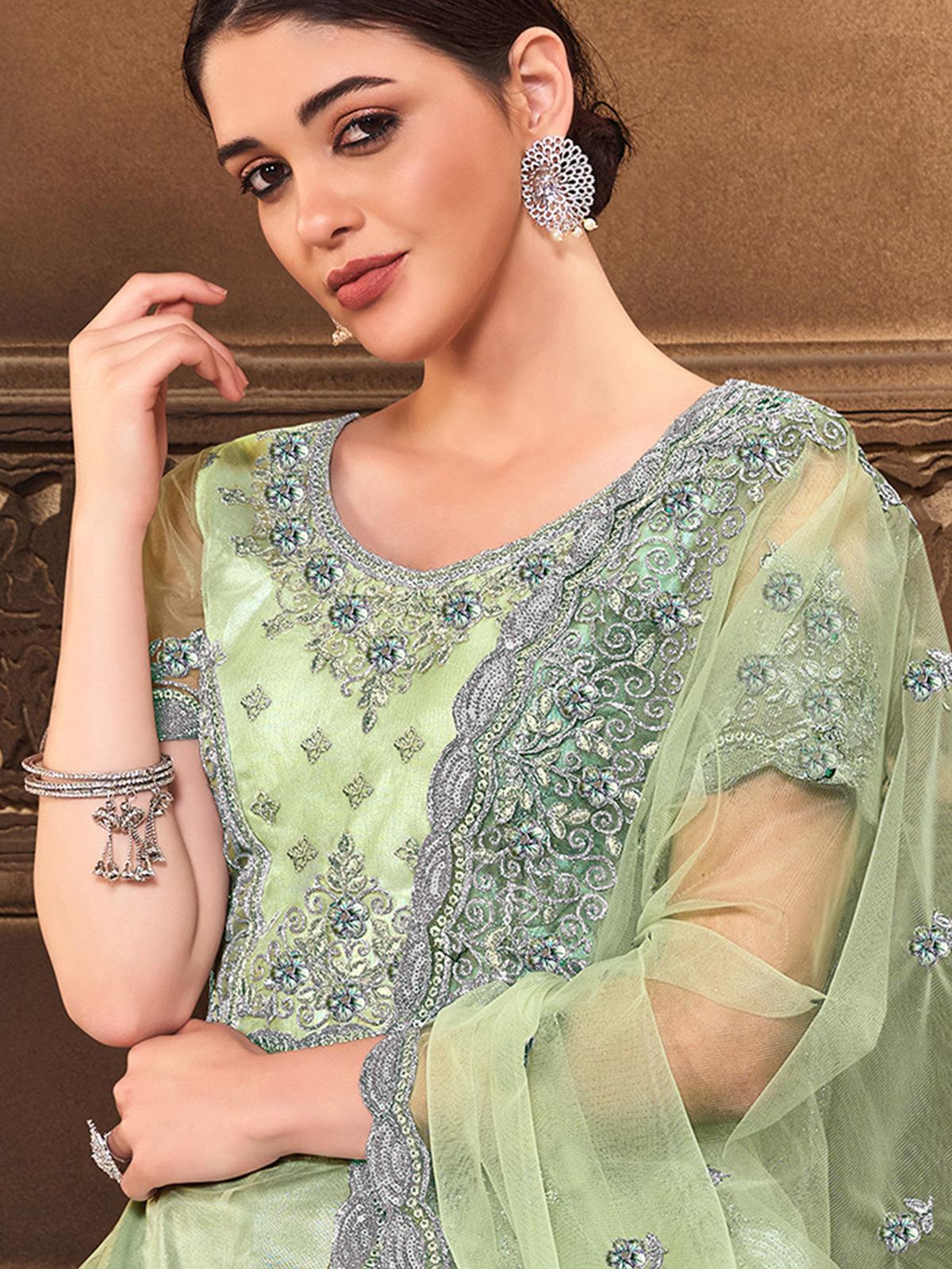 Women's Green Colored Silk Embroidery Designer Lehenga Choli - Odette