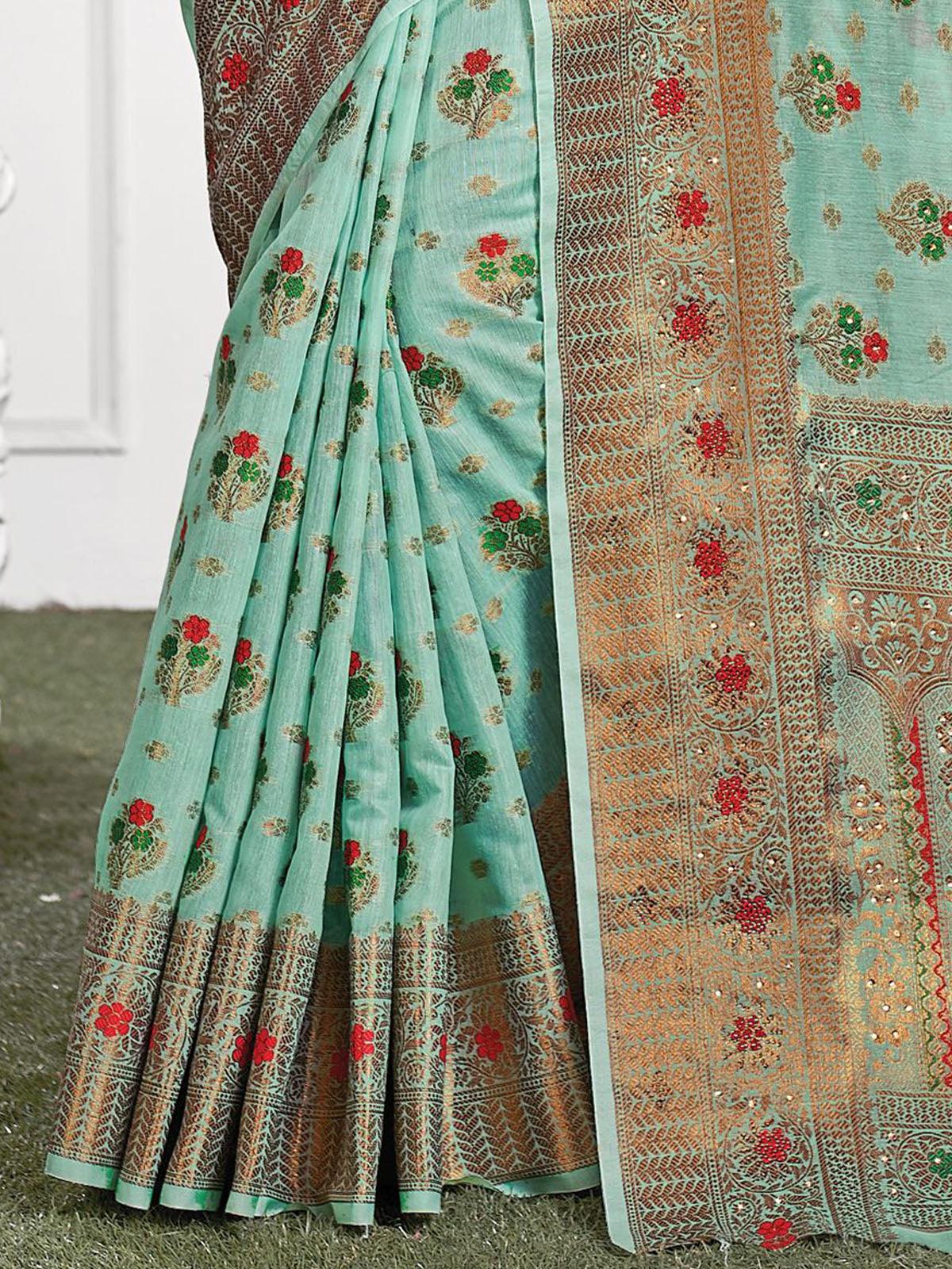 Women's Green Cotton Heavy Jari Wevon Designer Stone Saree - Odette