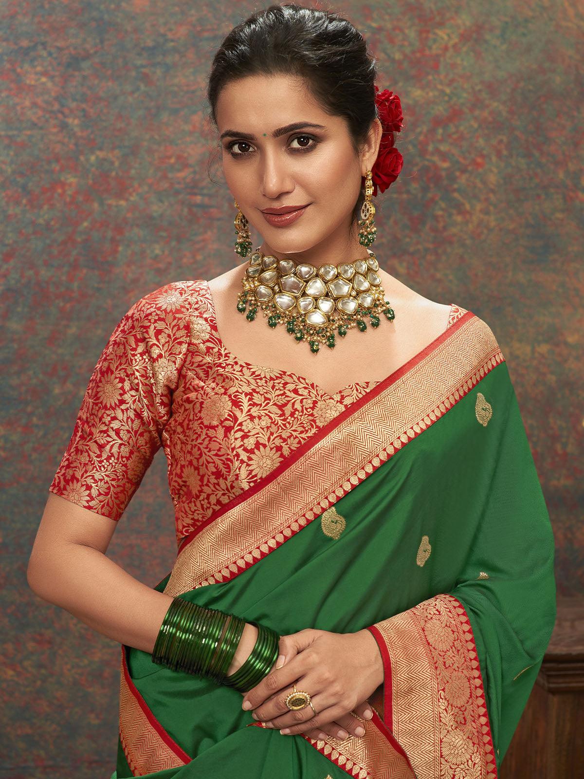 Women's Green Designer Banarasi Silk Saree - Odette