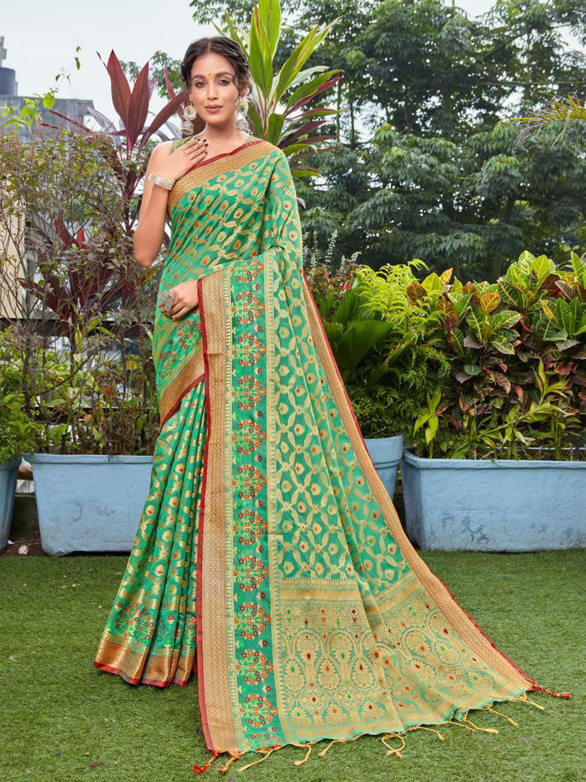 Women's Green Elegant Cotton Silk Weaving Designer Saree - Odette