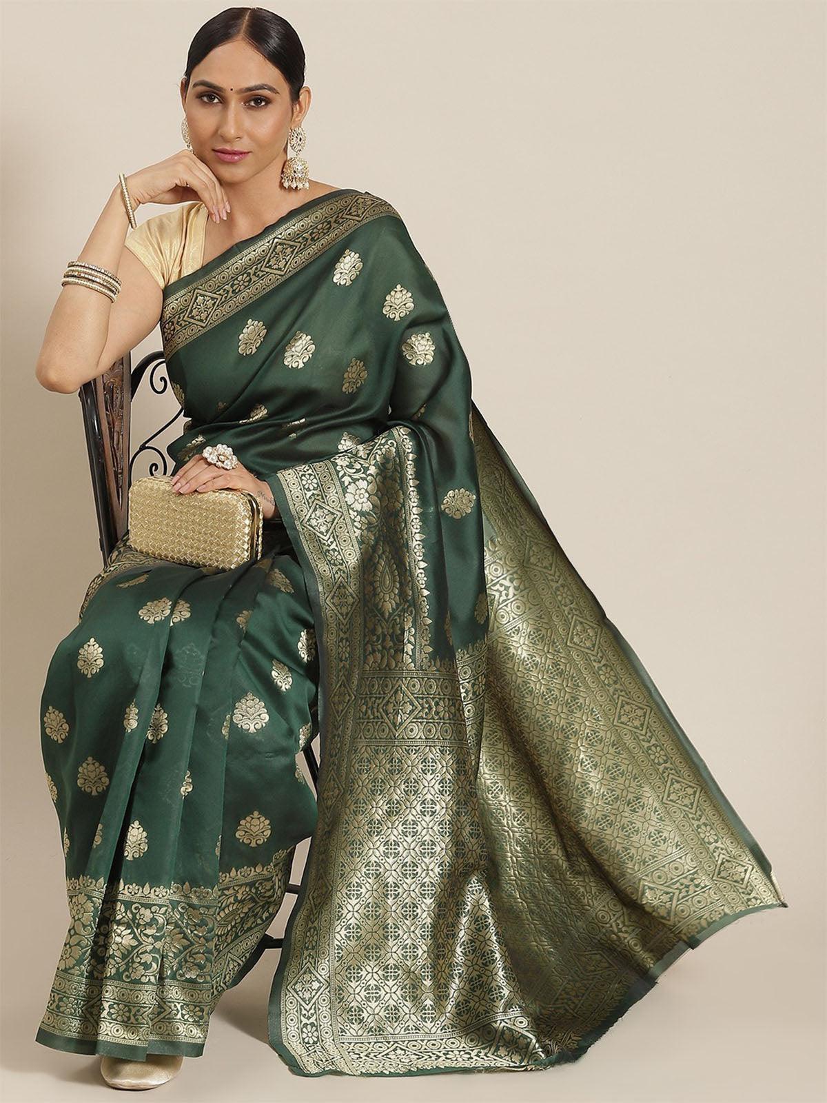 Women's Green Elegant Silk Blend Woven Saree - Odette